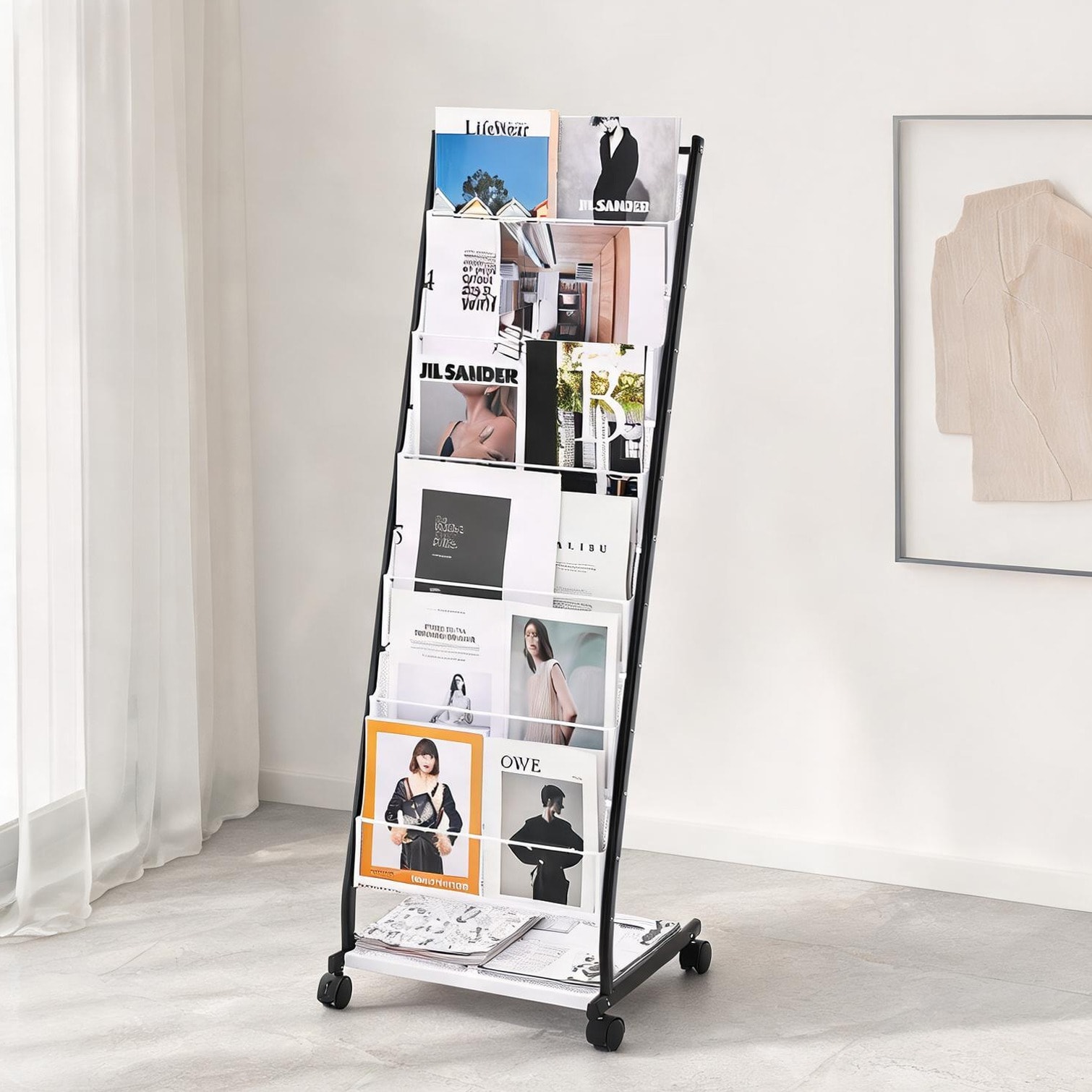 FlowLuxe 6-Tier Freestanding Iron Literature Display Rack in Jet Black 55.12 H Floor Standing with Wheels