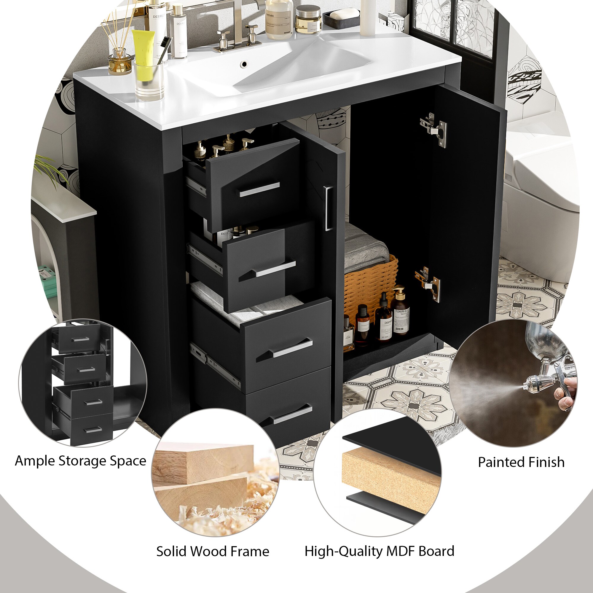 Vynxaria - 36-in Black Single Sink Bathroom Vanity with White Ceramic Top
