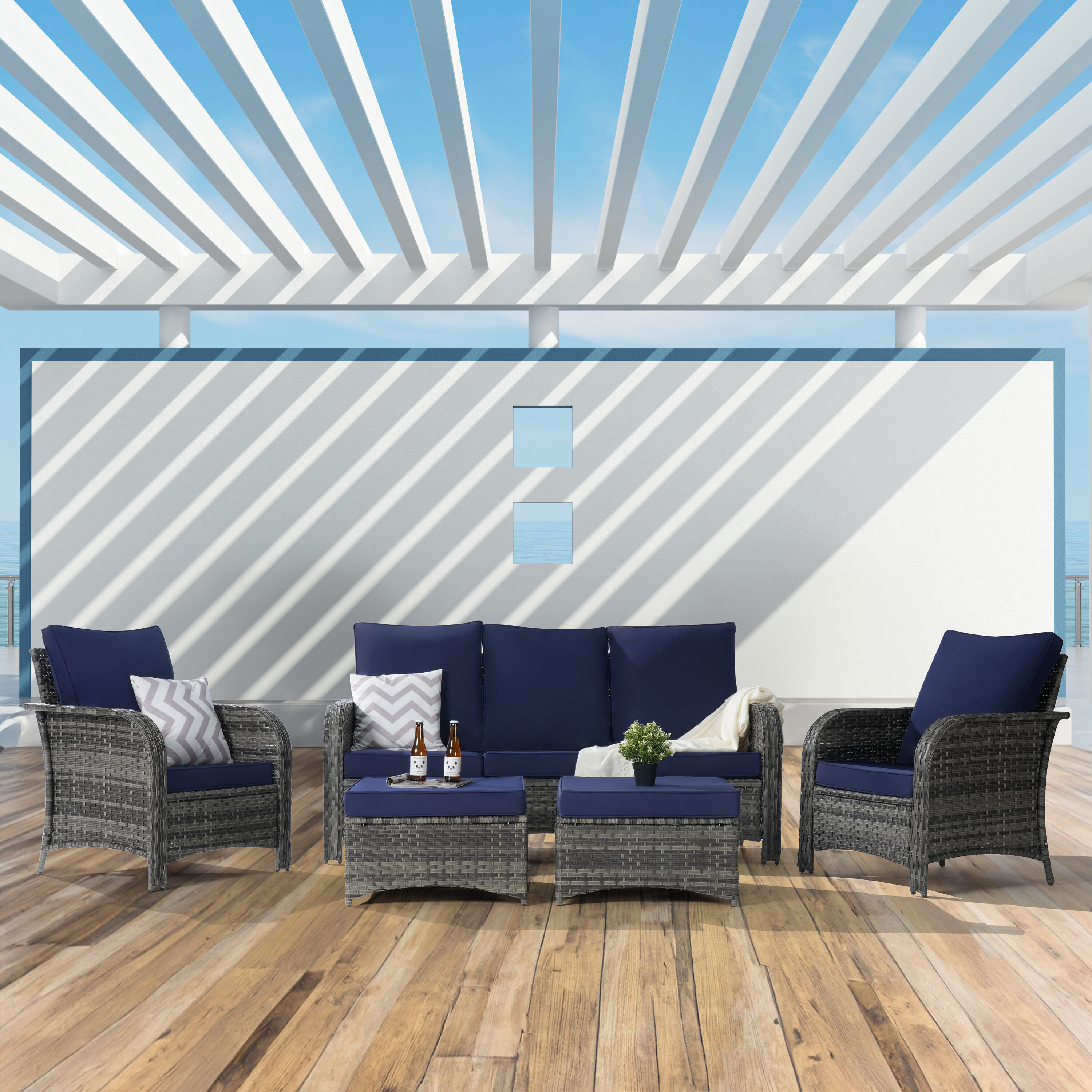 SANSTAR L-WS800-NY-V1 Patio Conversation Set 5 -Piece Wicker Patio Sofa Conversation Set with Blue Cushions