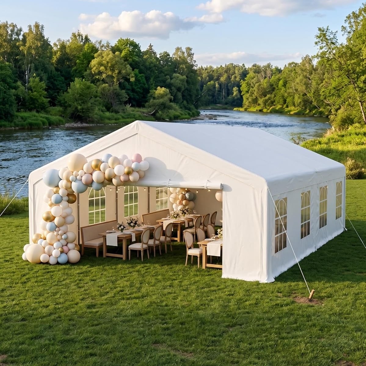 Garvee 20x33 FT Heavy Duty Party Tent Galvanized Steel Outdoor Canopy with Mesh Screen and Roll Up Dual Doors Waterproof Wedding Event Shelter Removable Sidewalls and Windows