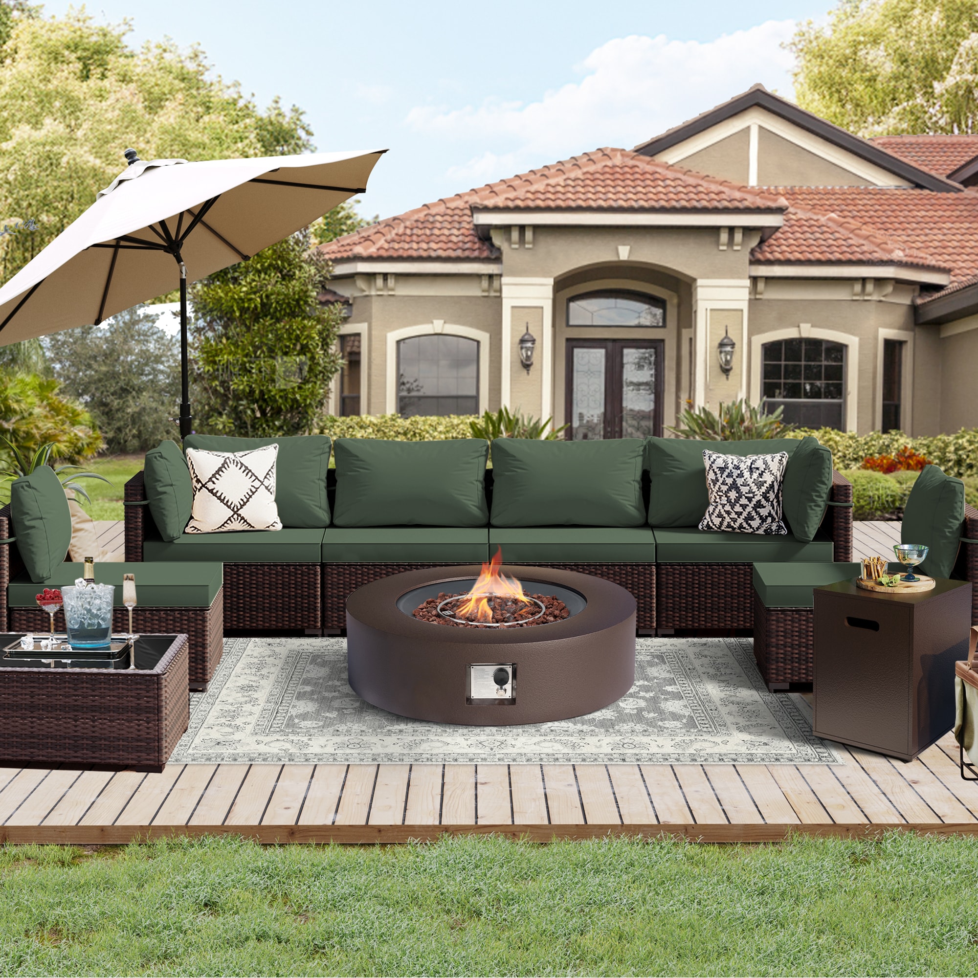 UPHA PL-2CZ-42TPBR-Z2 9-Pieces Brown Wicker Patio Furniture Set With 42 in. Round Iron Outdoor Dark Brown Fire Pit Table, Conversation Set with Pine Green Cushions 9 -Piece Wicker 4 Patio Sofa Conversation Set with Green Cushions
