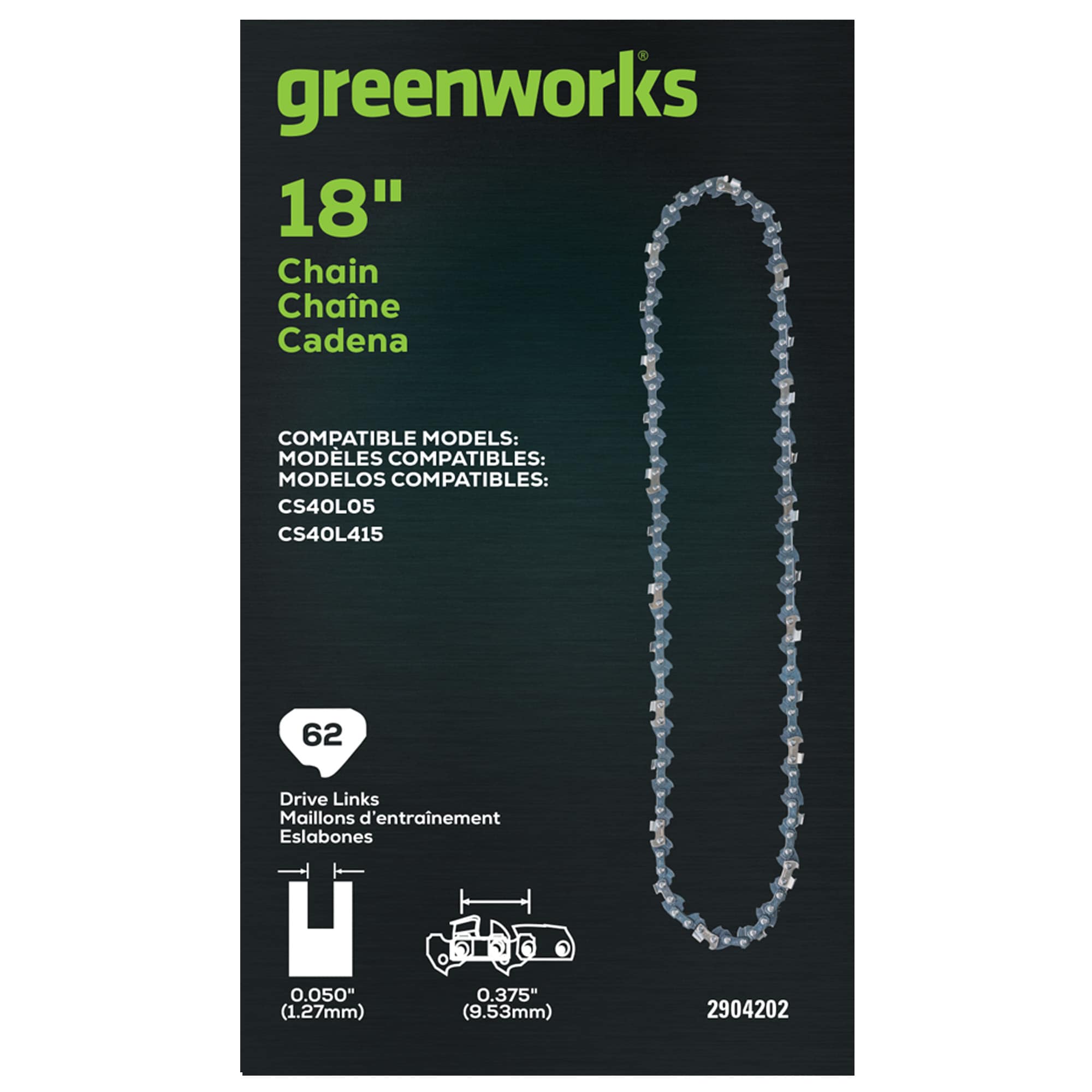 Greenworks 2904202 62 Link Replacement Chainsaw Chain For 18-in , 0.05-in Gauge , 3/8-in Pitch