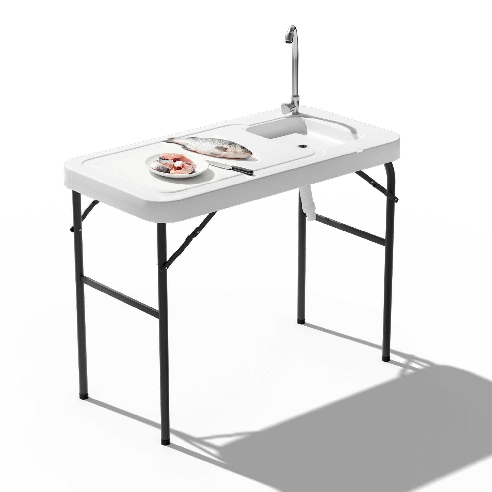 WOQWOQ Fishing Table HDPE Blow Molded Top Powder-Coated Steel Legs with Plastic Faucet