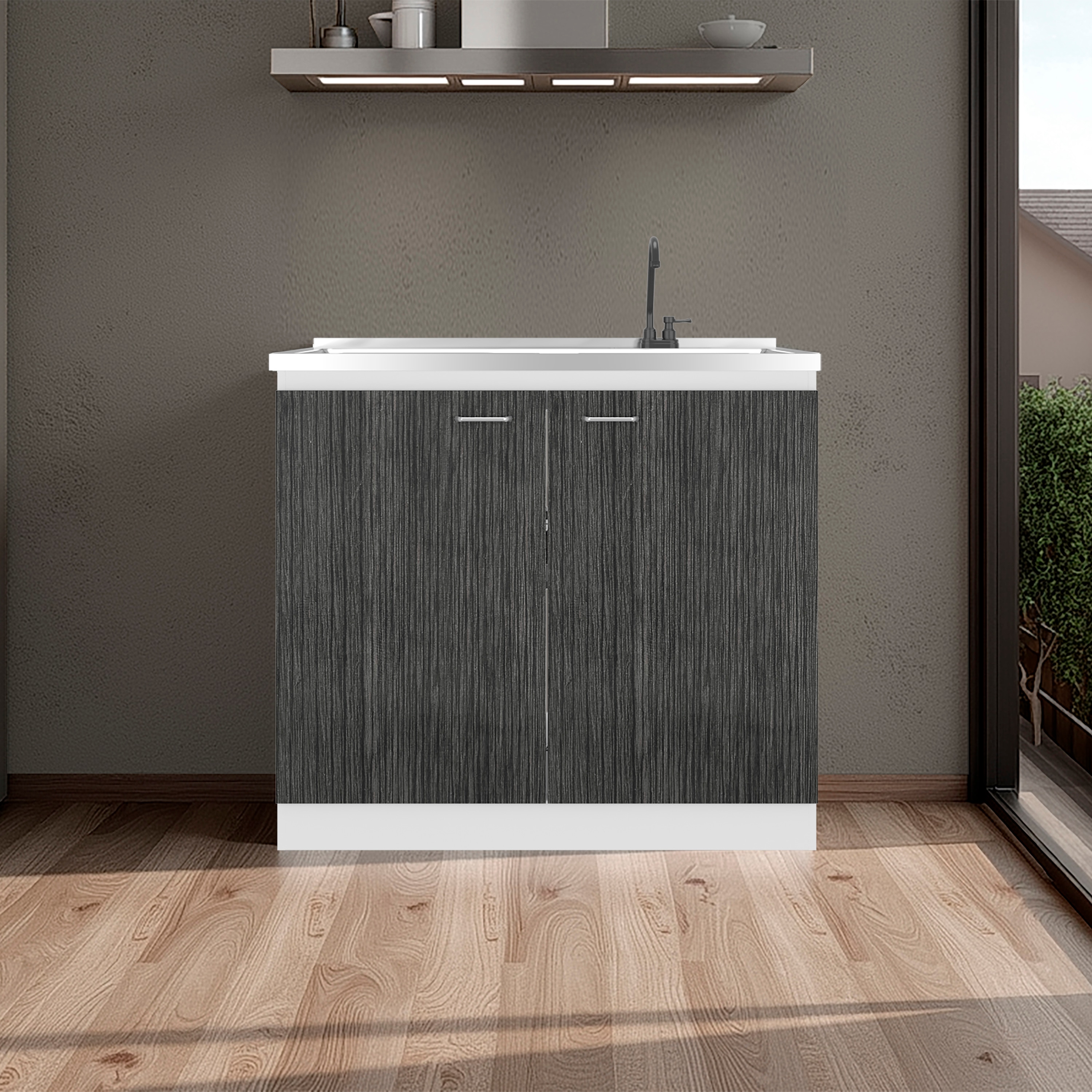 Wooakway Utility Sink with Faucet Inclued and Integrated Stainless Steel Counter top Freestanding cabinet with two doors Metal Handles and Two interior shelves Gray White