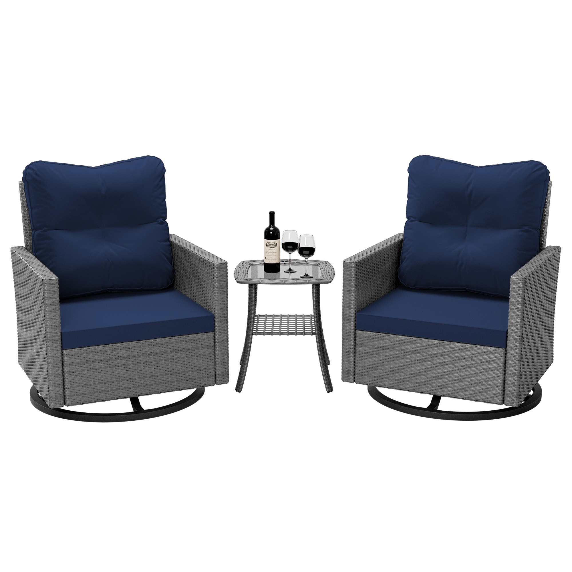 UPHA Y11DK-CJ2-NA Rocking Chair Set of 2 Wicker Gray Wicker Frame Swivel rocker Conversation Chair with Navy Cushioned Seat