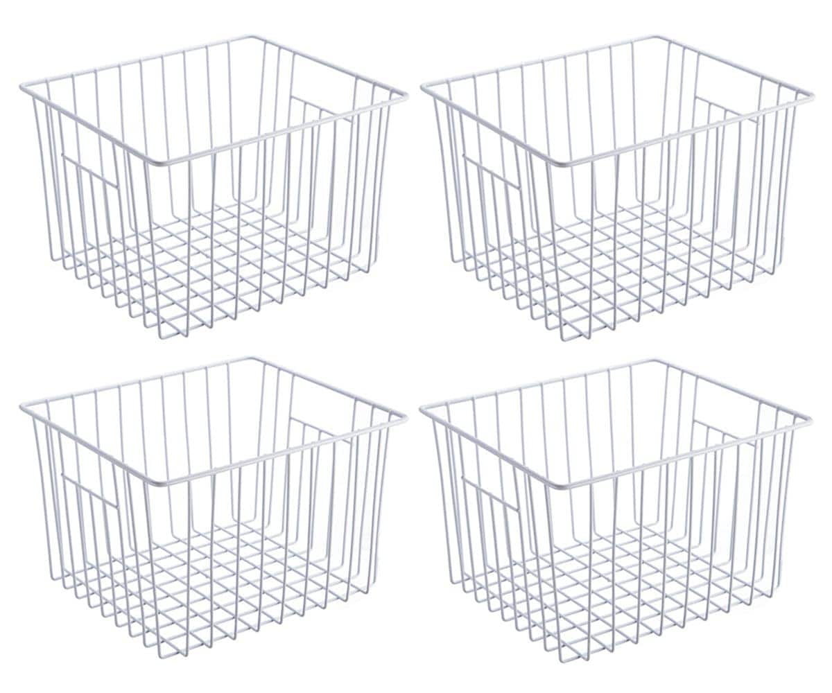 UUDULY  Freezer Storage Basket Organizer with Handles Deep Wire Bin for Kitchen Pantry Cabinet Bathroom Car Pearl White 4 pack Durable Steel