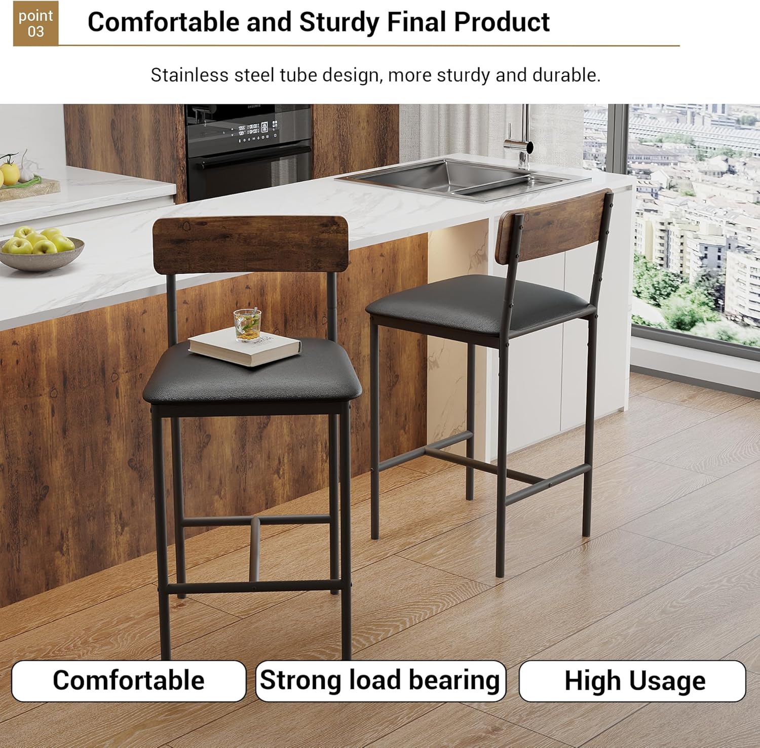 Garvee Bar Stools Set of 2 Bar Chairs with Back 25.5 Inches Kitchen Bar ...