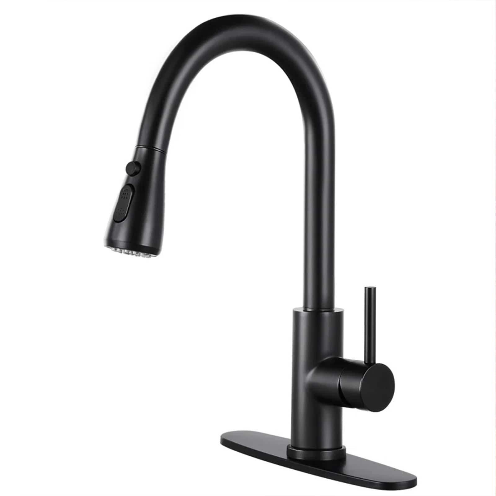 BYH B-KF001-MB Matte Black Single Handle Deck-mount Pull-down Kitchen Faucet with Sprayer ( Deck Plate Included )