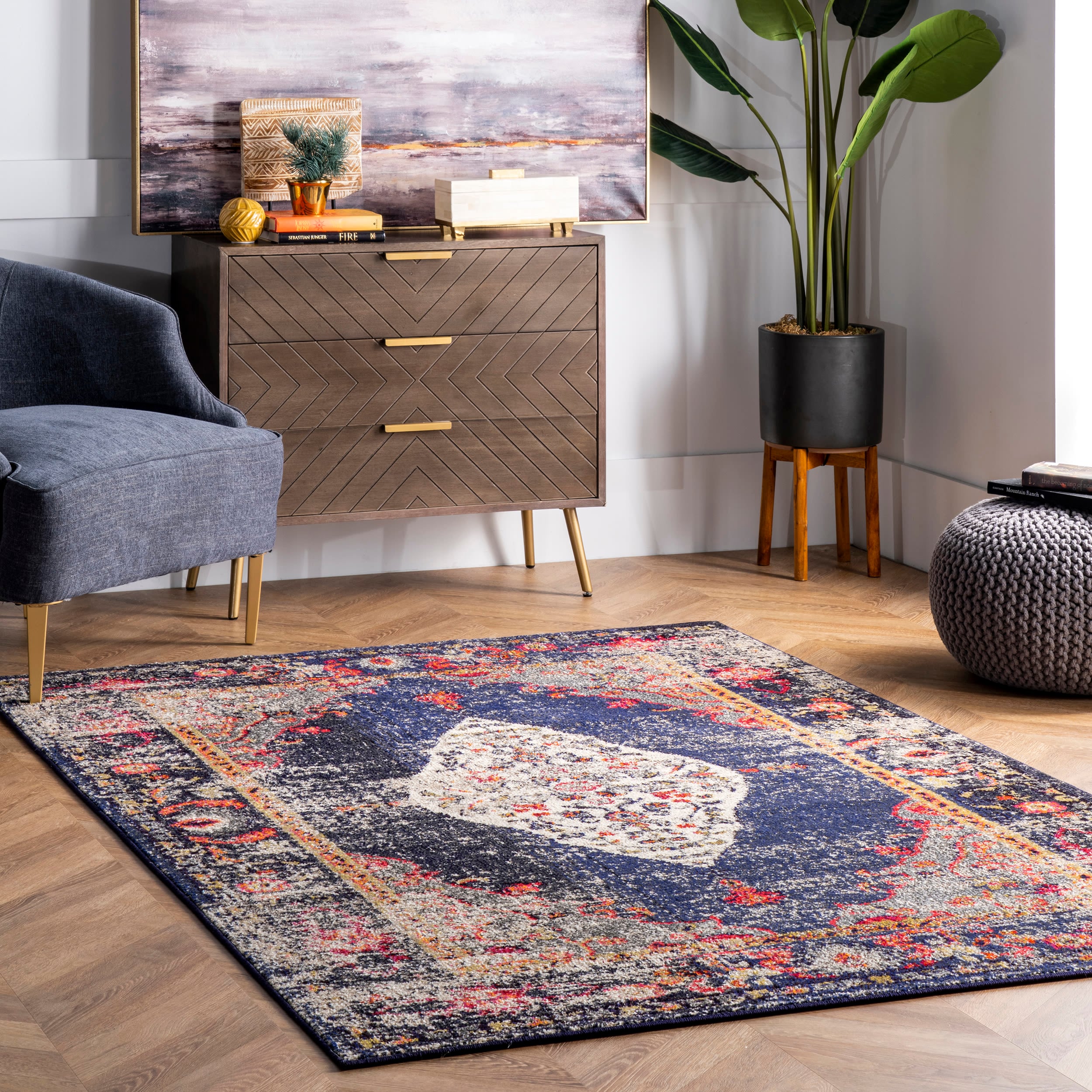 nuLOOM KKCB26B-9012 Veronica 9 x 12 (ft) Loomed Polypropylene Navy Rectangular Indoor Medallion Area rug