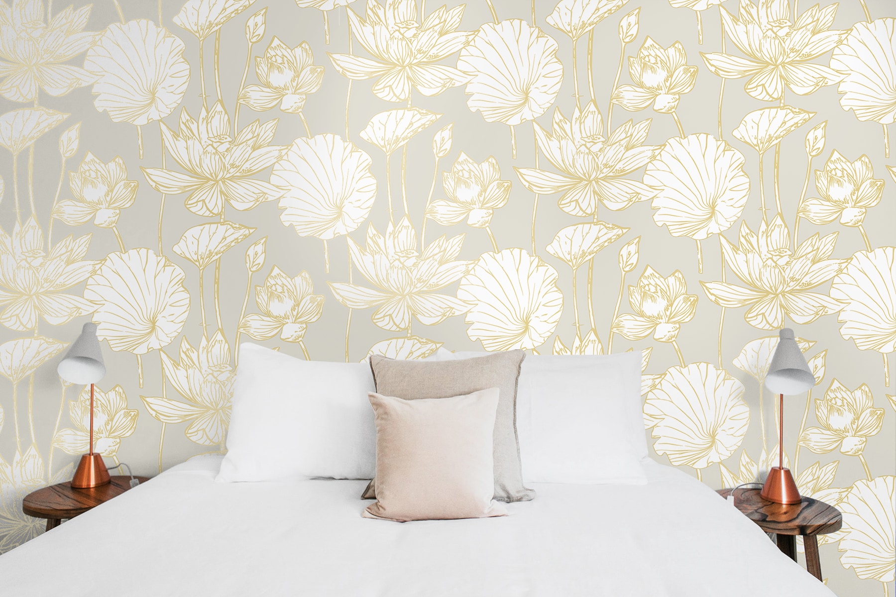 Metallic Gold and Gray Lotus Floral Peel and Stick Wallpaper
