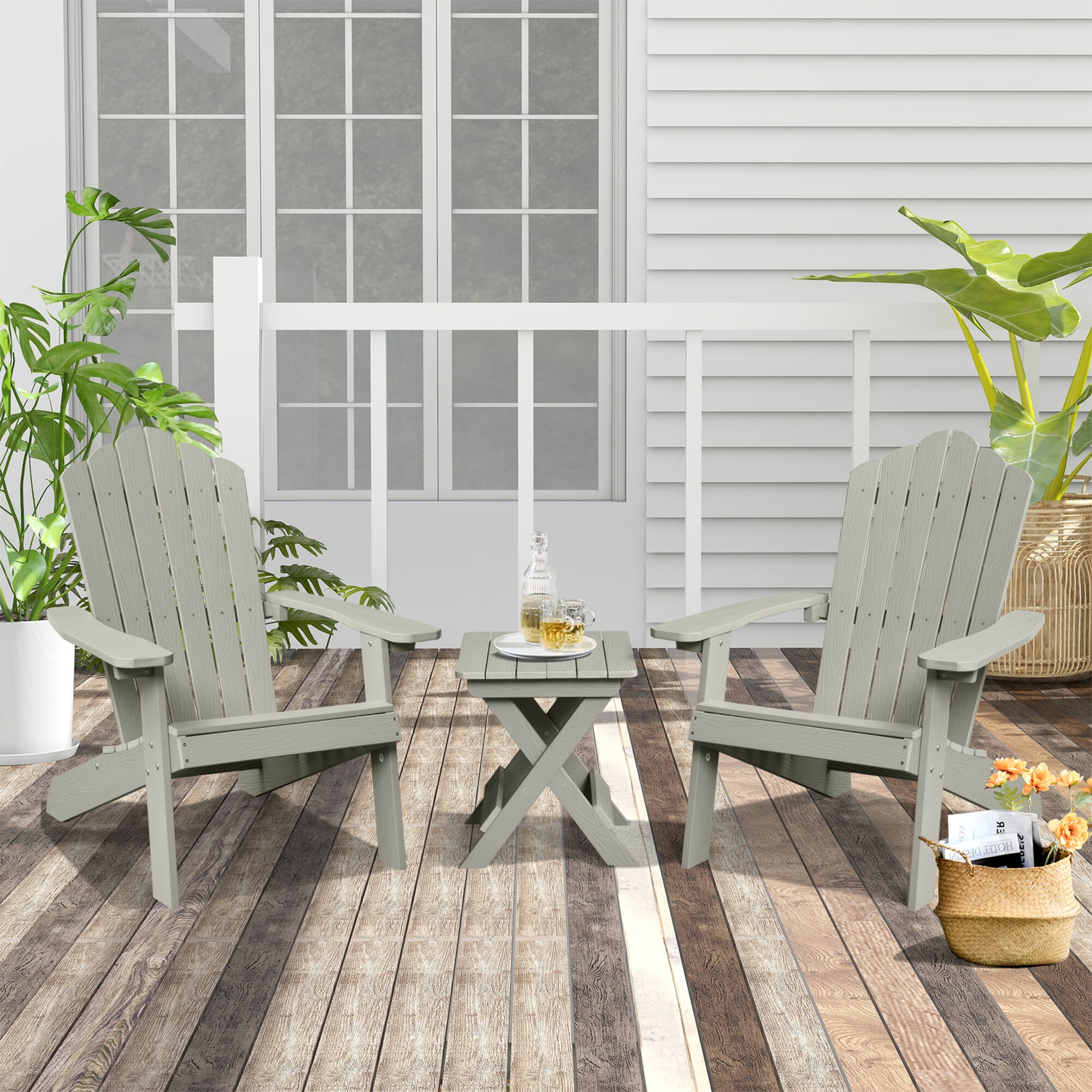 Pouuin SFC202AT Set of 2 Light Gray Plastic Frame Stationary Adirondack Chair with Slat Seat