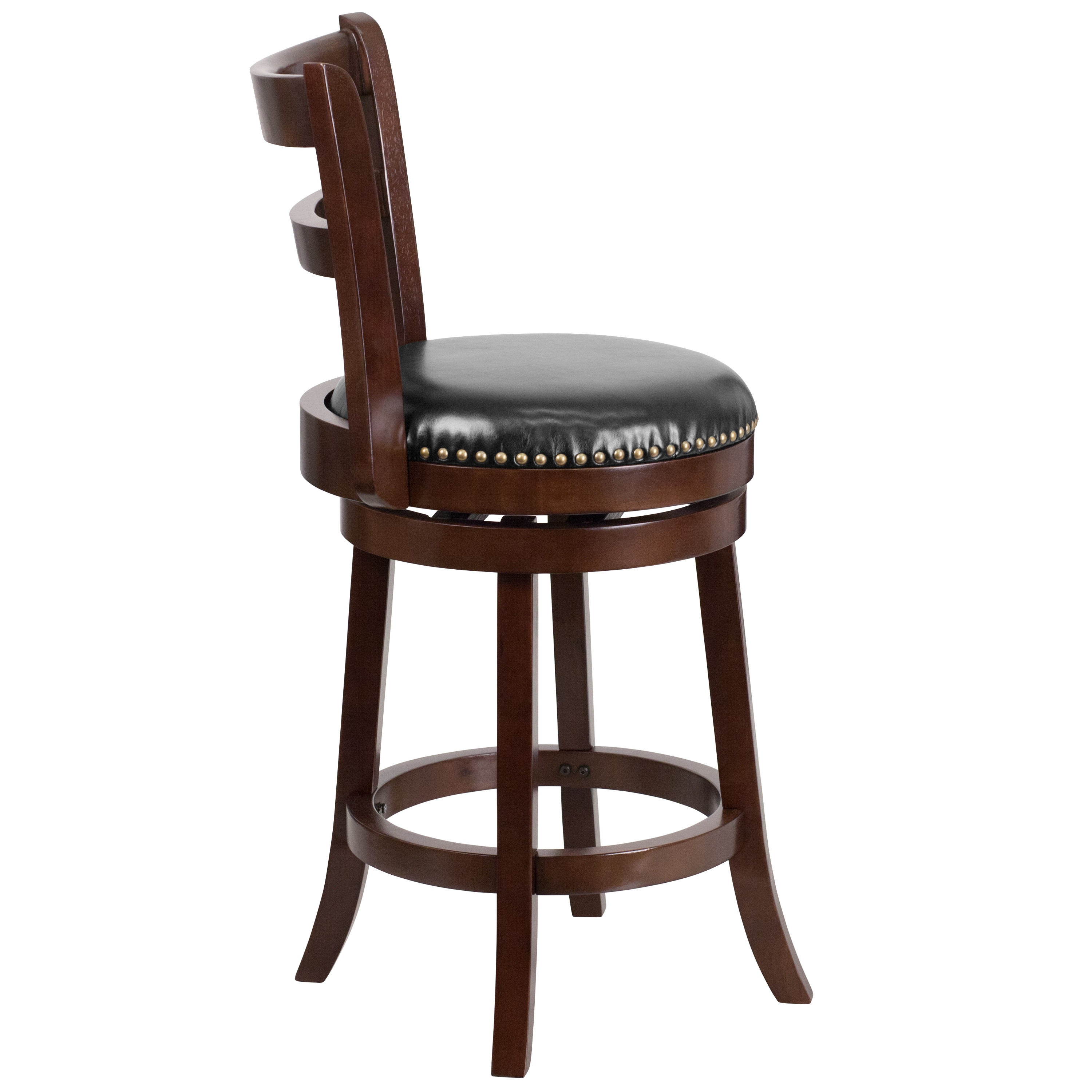 Cappuccino Wood and Black Leather Swivel Counter Stool, 26'' High