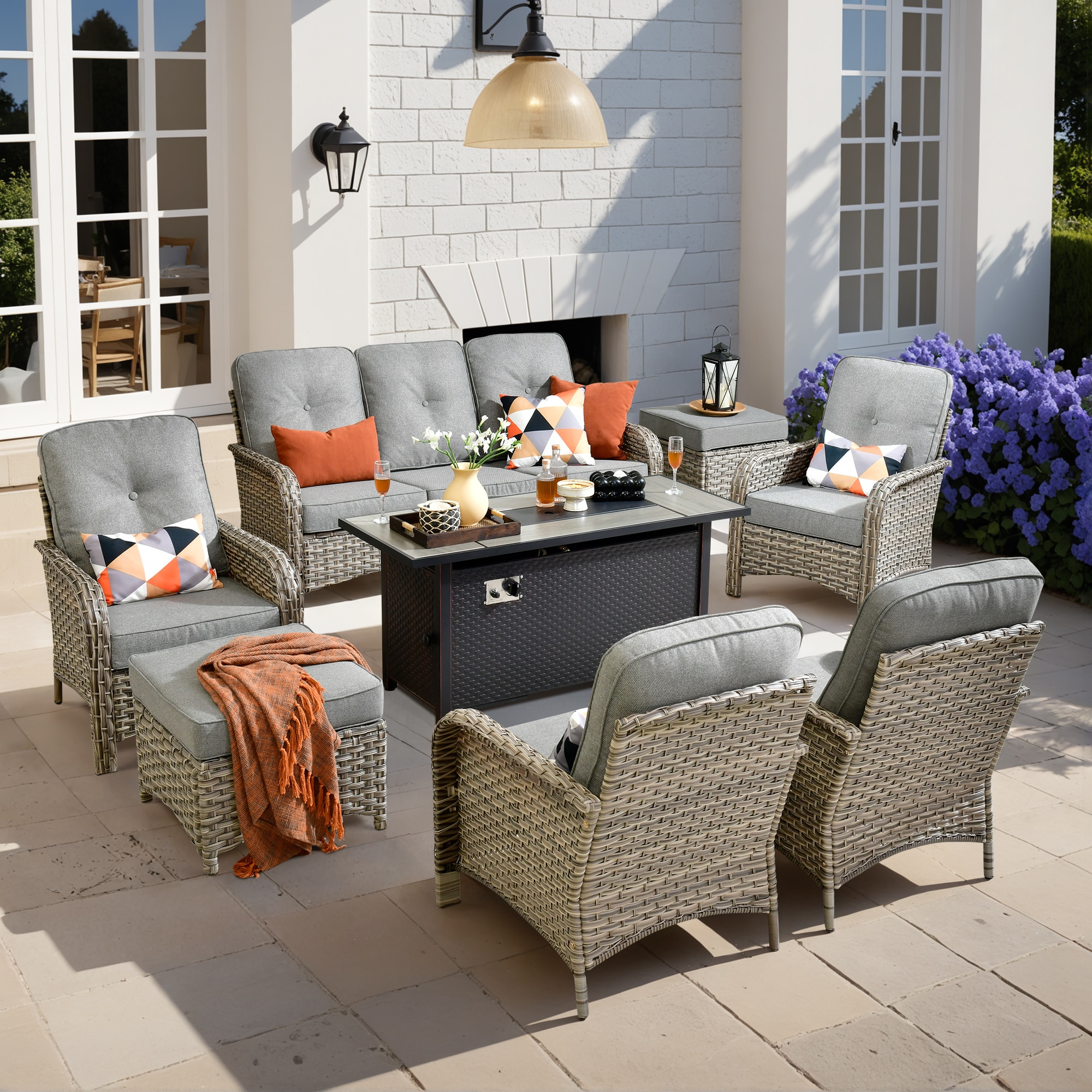 Pouuin SDFPVNC207 8 -Piece Wicker Patio Sofa Conversation Set with Dark Gray Cushions
