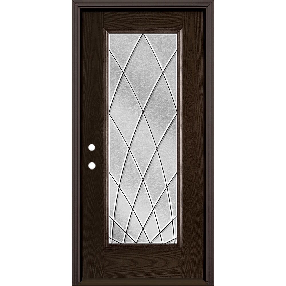 Masonite 3423430 Ventata 36-in x 80-in x 4-9/16-in Fiberglass Full lite Right-hand inswing Walnut Stained Prehung Single door Front Door with Brickmould Insulating core Decorative glass