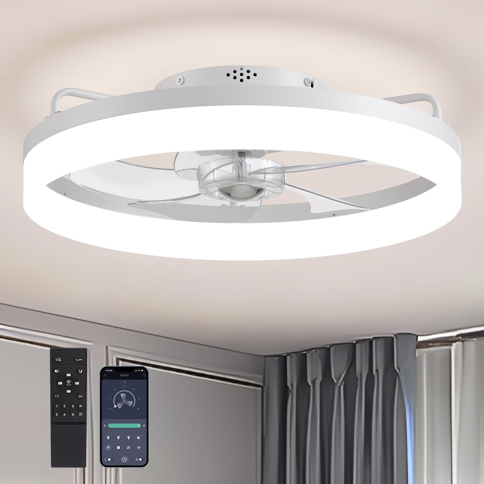SILJOY LL-6001WH-01 Flush mount Ceiling Fan with Light and Remote Control Include