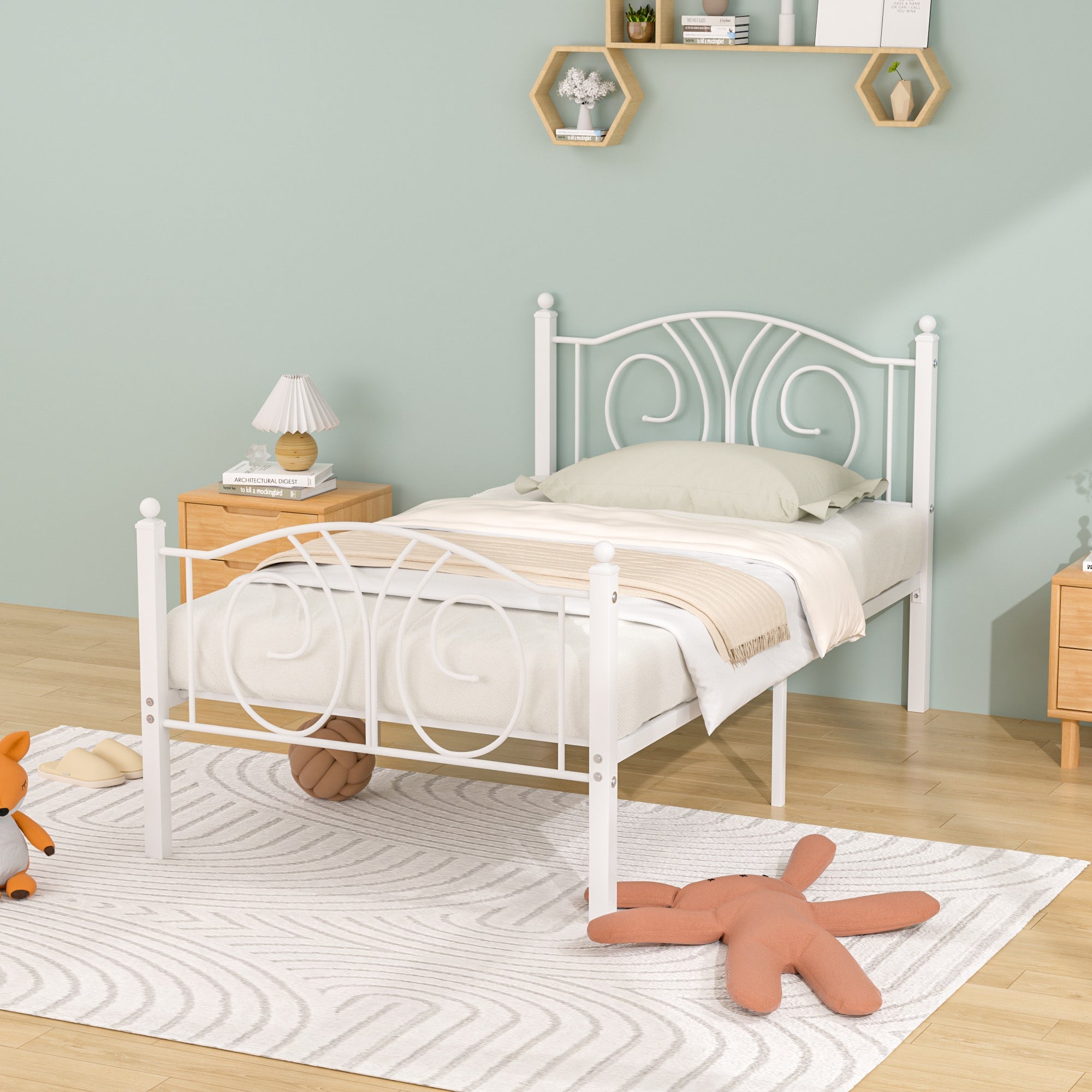 Vecelo LOE-YT-T18-WHE Twin Size Metal Platform Bed Frame with headboard and Footboard Steel Slat Support Easy Assembly White