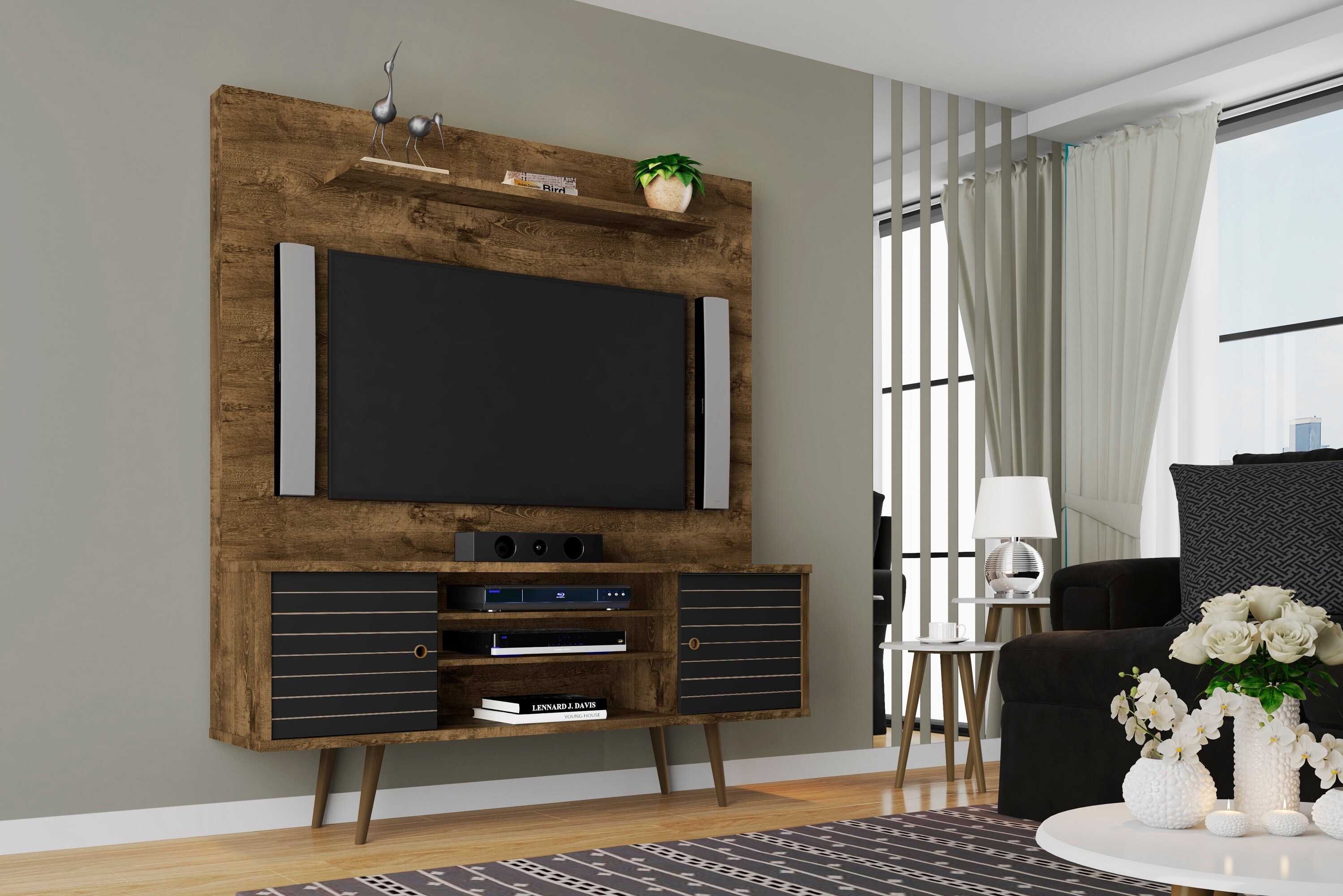 Manhattan Comfort 213BMC98 Liberty Modern/Contemporary Rustic Brown and Black TV stand Integrated TV Mount ( Accommodates TVs up to 60-in )