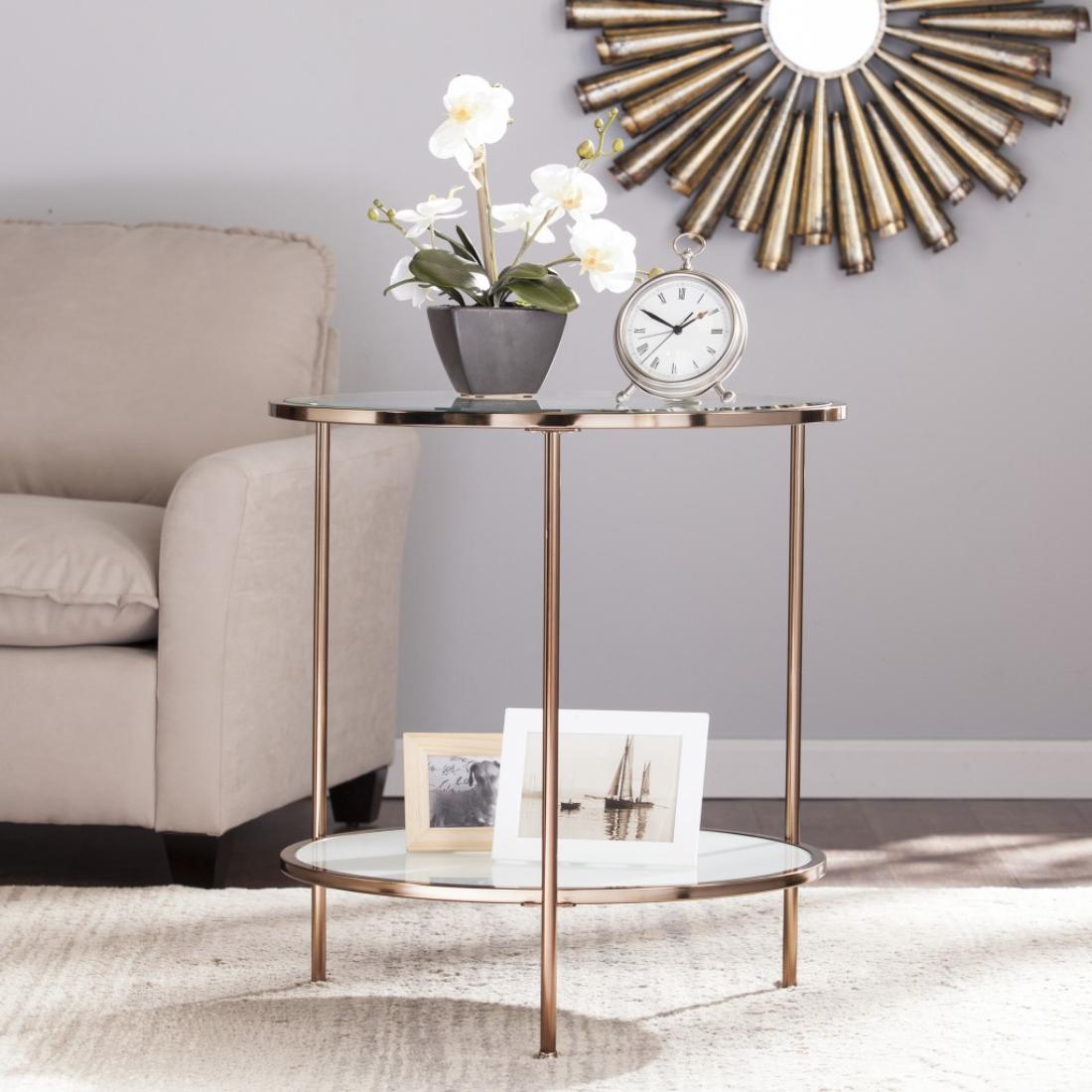 HomeRoots 4000402505 24.25-in W x 26.25-in H Gold Glass Round Midcentury End Table with Storage Assembly Required