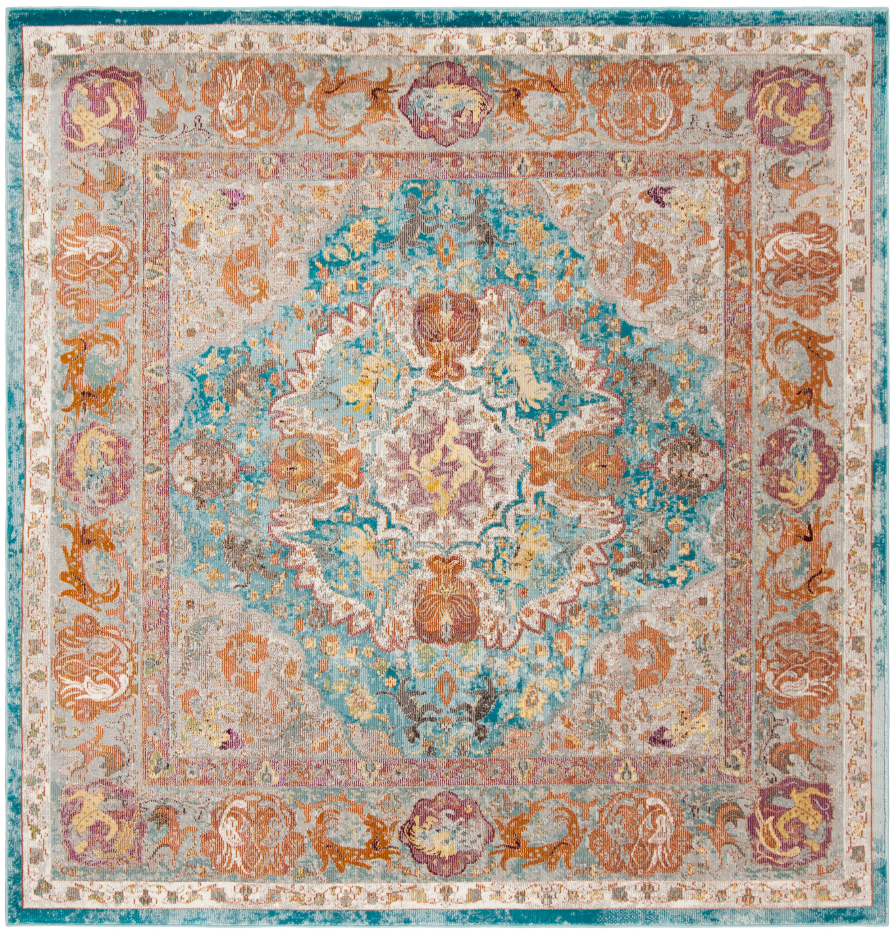 Safavieh ARA120B-6SQ Aria Qajar 6 x 6 (ft) Loomed Polypropylene Blue/Orange Square Indoor Distressed/Overdyed Bohemian/Eclectic Area rug
