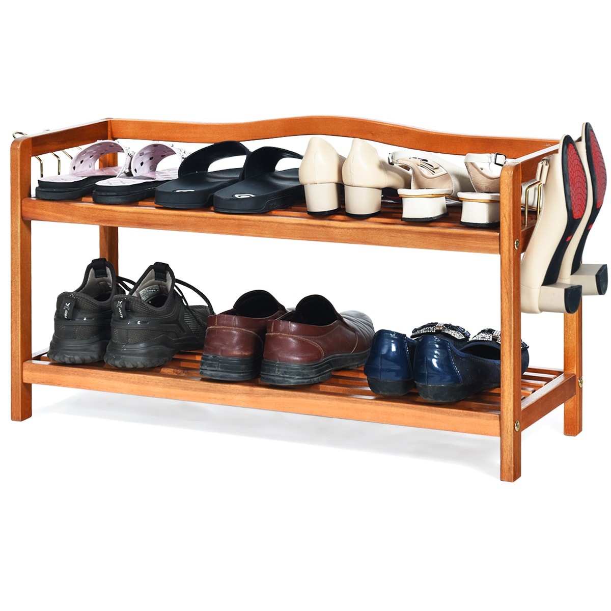 Costway 5-Tier Wood Shoe Rack Solid Acacia Wood Shoe Shelf with Side Metal  Hooks