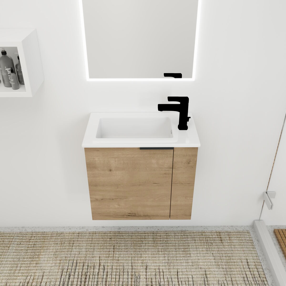 Wooakway 22 Inch Small Floating Wall Mounted Bathroom Vanity Glossy Ceramic Single Sink Soft Close Door Matte Black Metal Handle Modern Compact Vanity for Tiny Bathroom