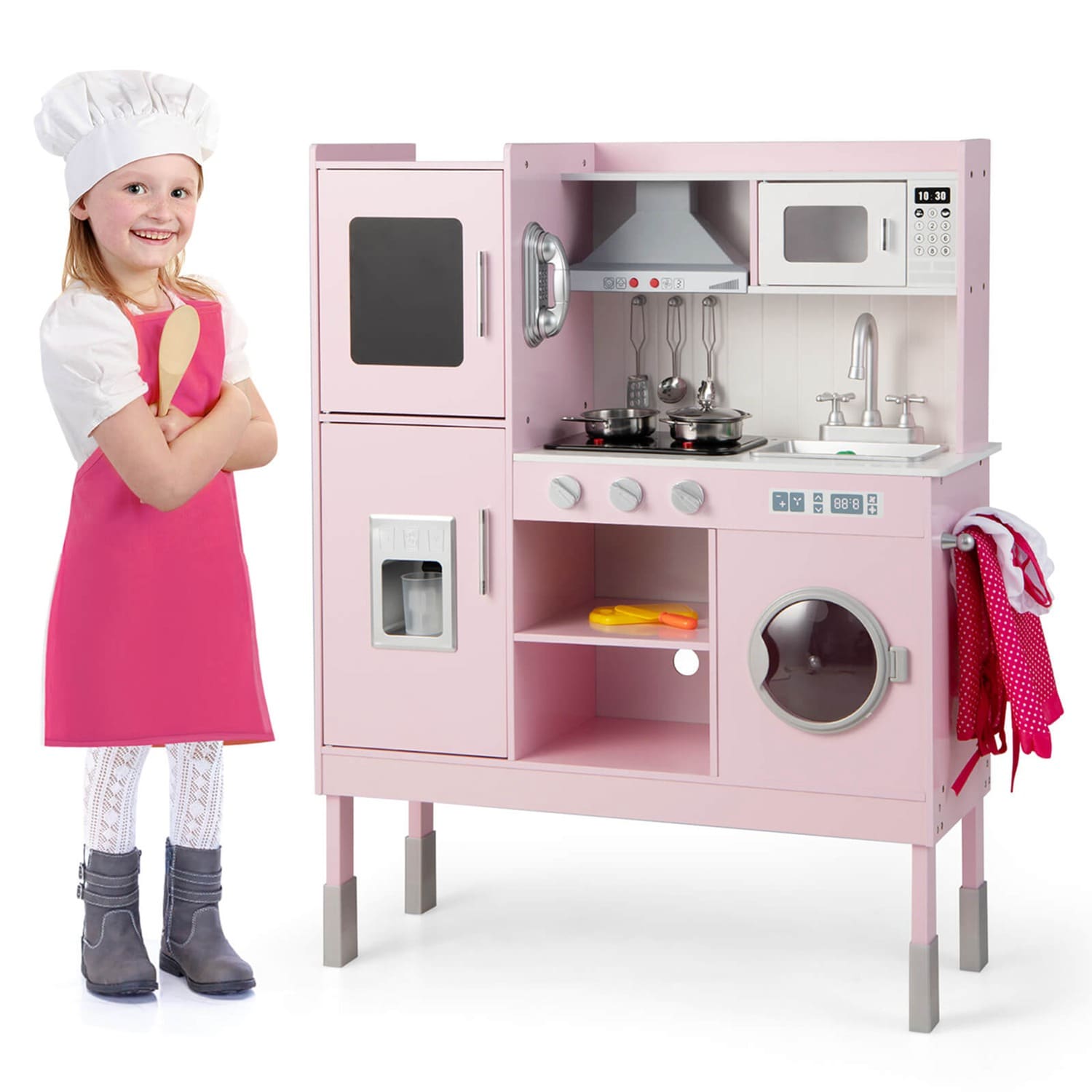 Costway - Kids Pretend Kitchen Play Set Toddler Toy Wooden Chef Height Adjustable with Sounds