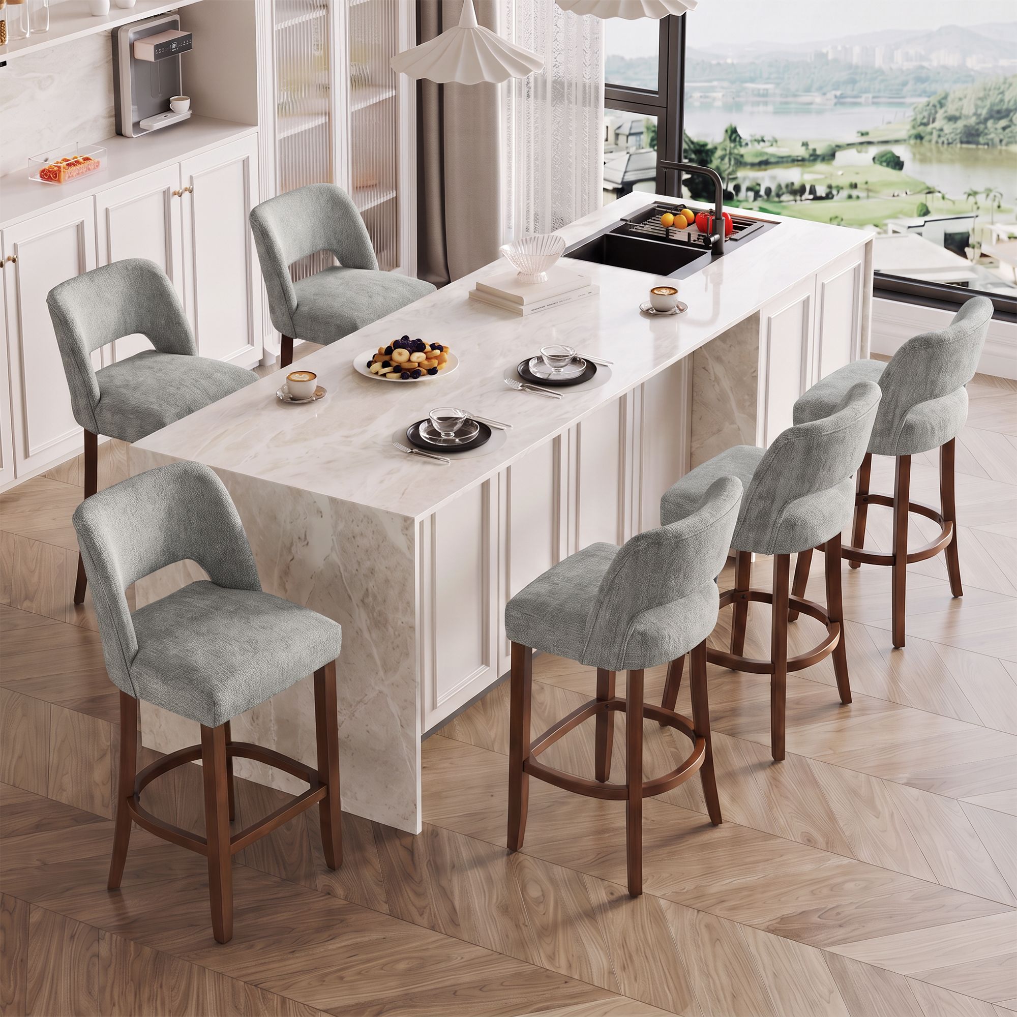 Keoni - 26in Bar Stool Set of 2 or 4 or 6 Chenille Upholstered with Wood Legs for Kitchen Dining
