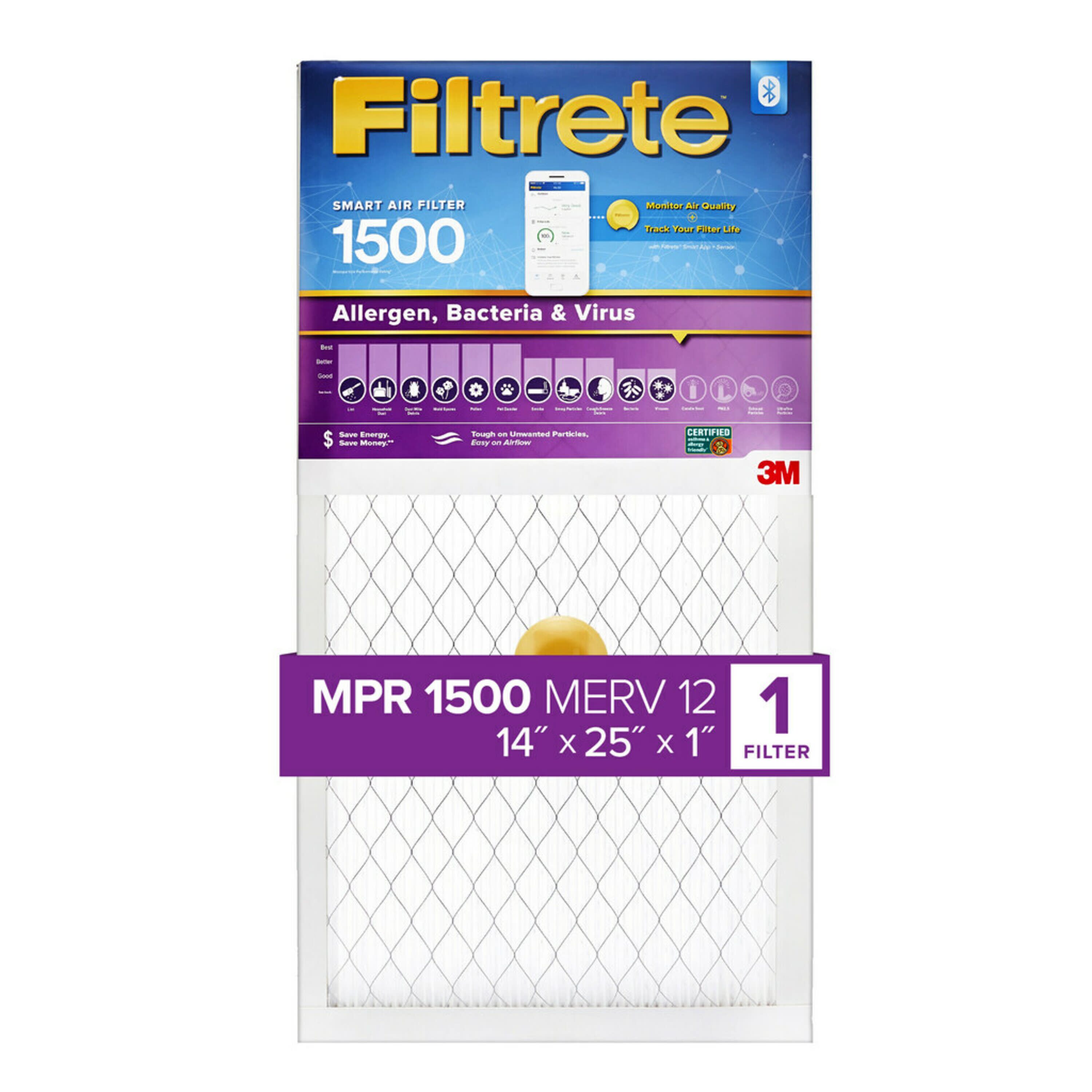 Filtrete S-2004DC-9 14-in W x 25-in L x 1-in MERV 12 1500 Smart Allergen, Bacteria and Virus Electrostatic Pleated Air Filter