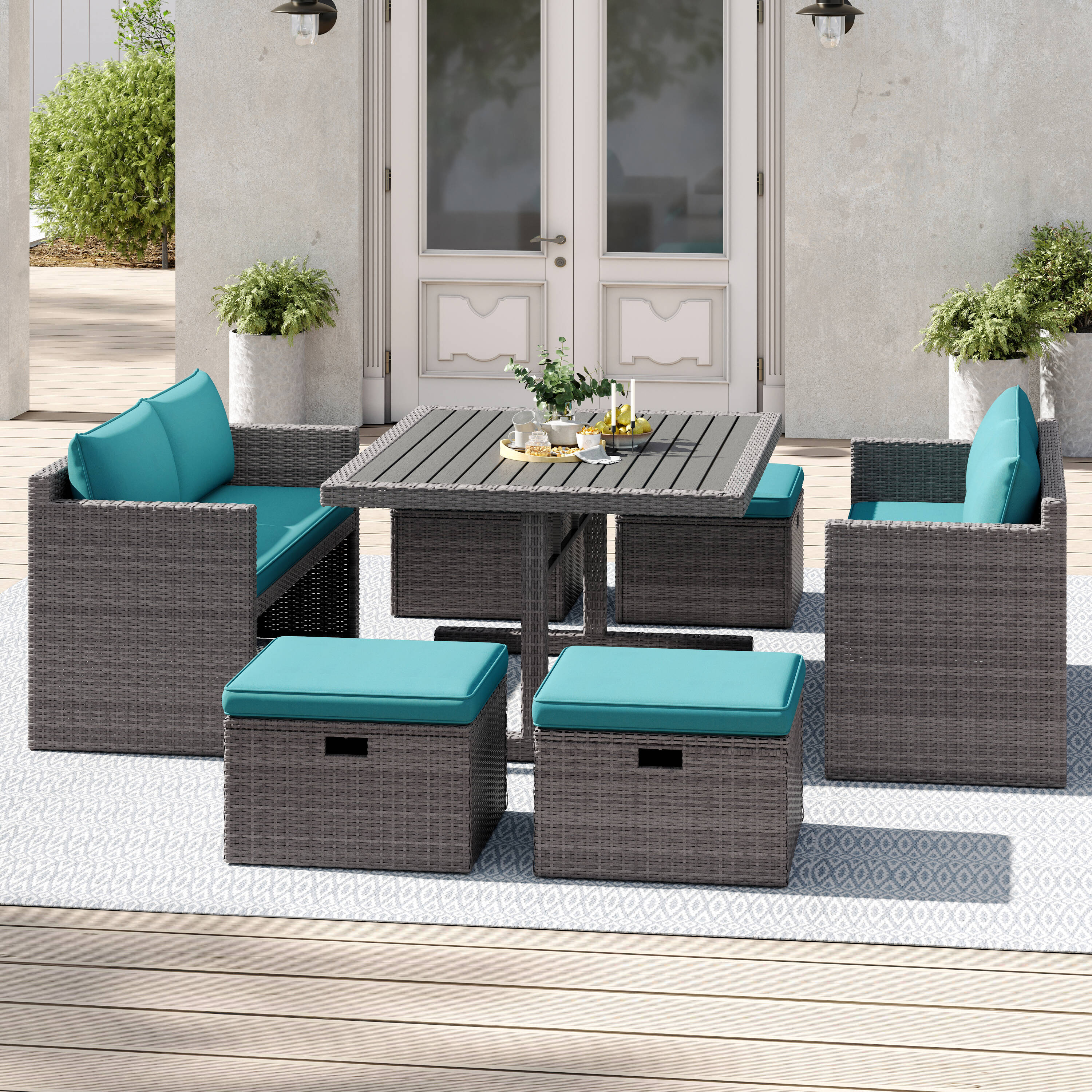 Octans SL2C00172 7 -Piece Black Woven Patio Dining Set Plastic Rectangle Table with 6 Blue Cushions Stationary Chairs