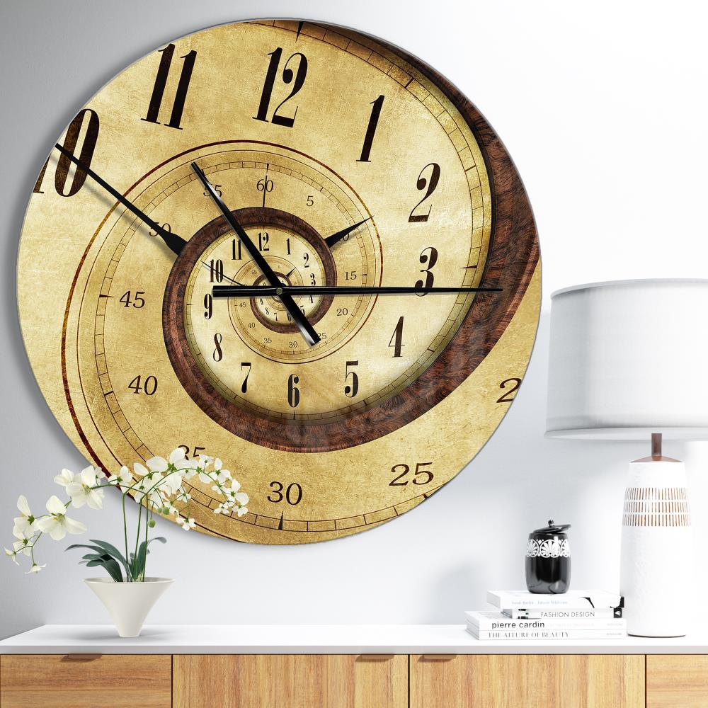 Designart 'Vintage Time Spiral' Modern Wall Clock - Beige, Round, Oversized, Metal, Battery-Operated, Analog Display, Novelty Numbers in Brown -  CLM021-C23