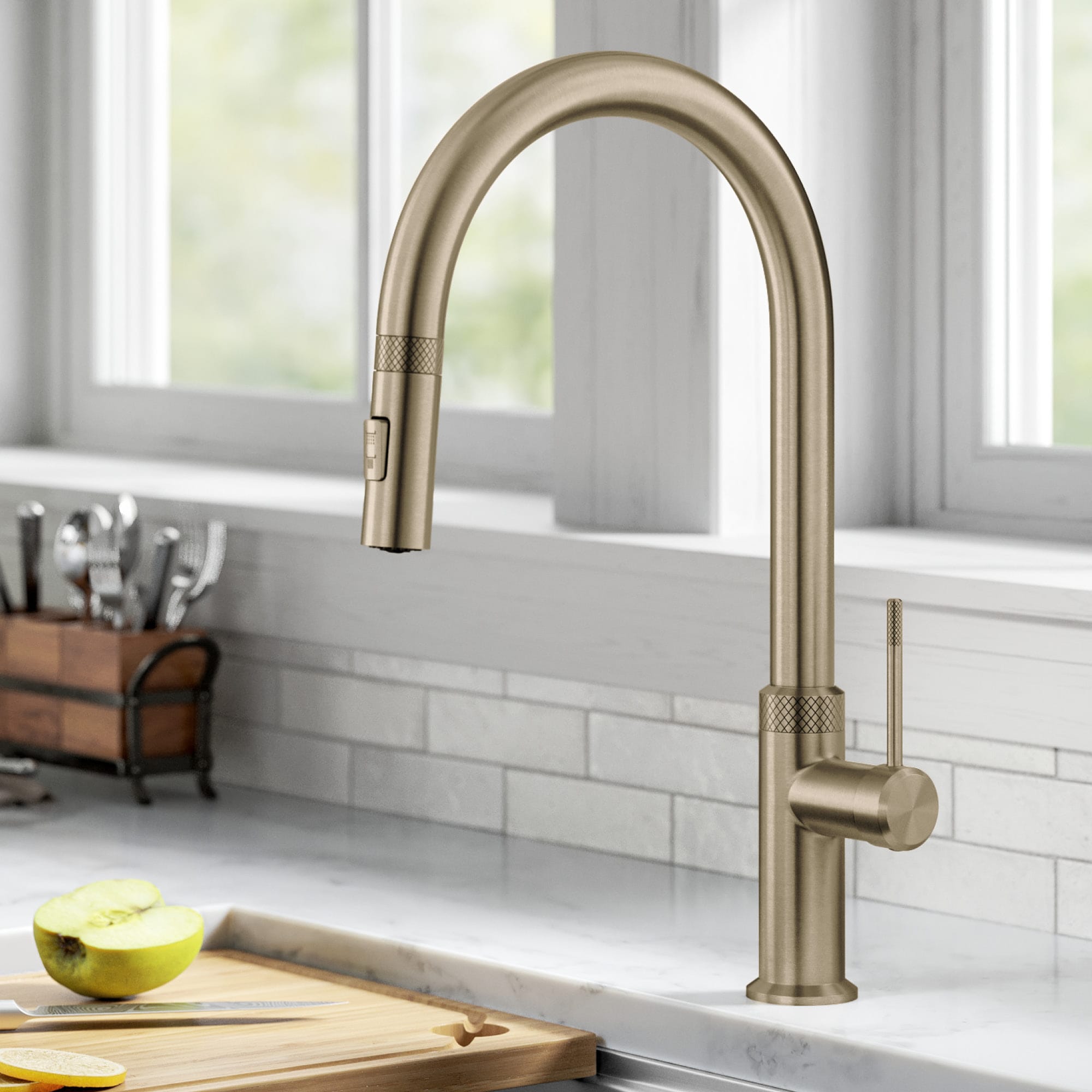 Kraus KPF-2654BG Oletto Brushed Gold Single Handle Deck-mount Kitchen Faucet with Sprayer