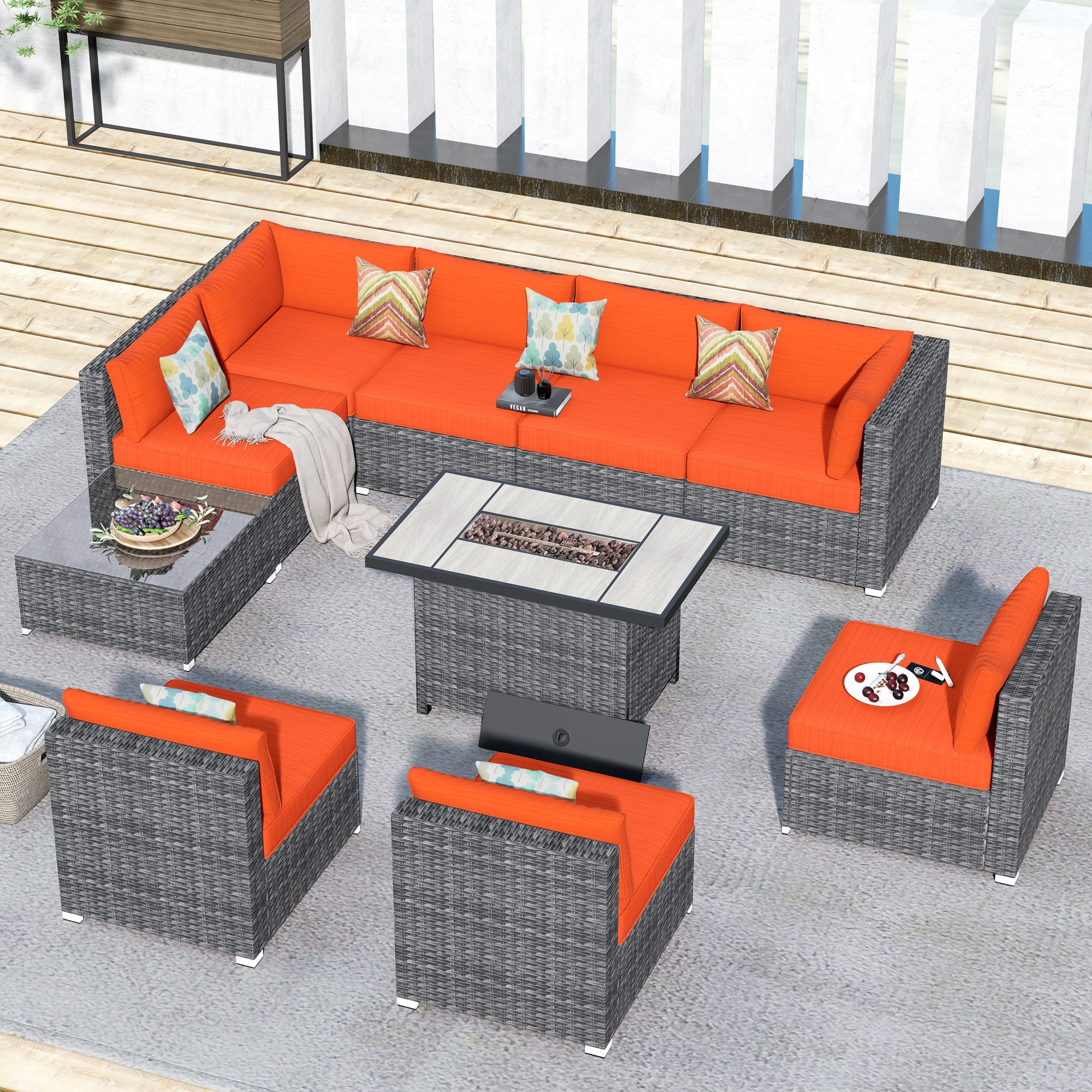 Pouuin SRFPHOP8-7-BOX3 10 -Piece Wicker Patio Sofa Conversation Set with Red Cushions