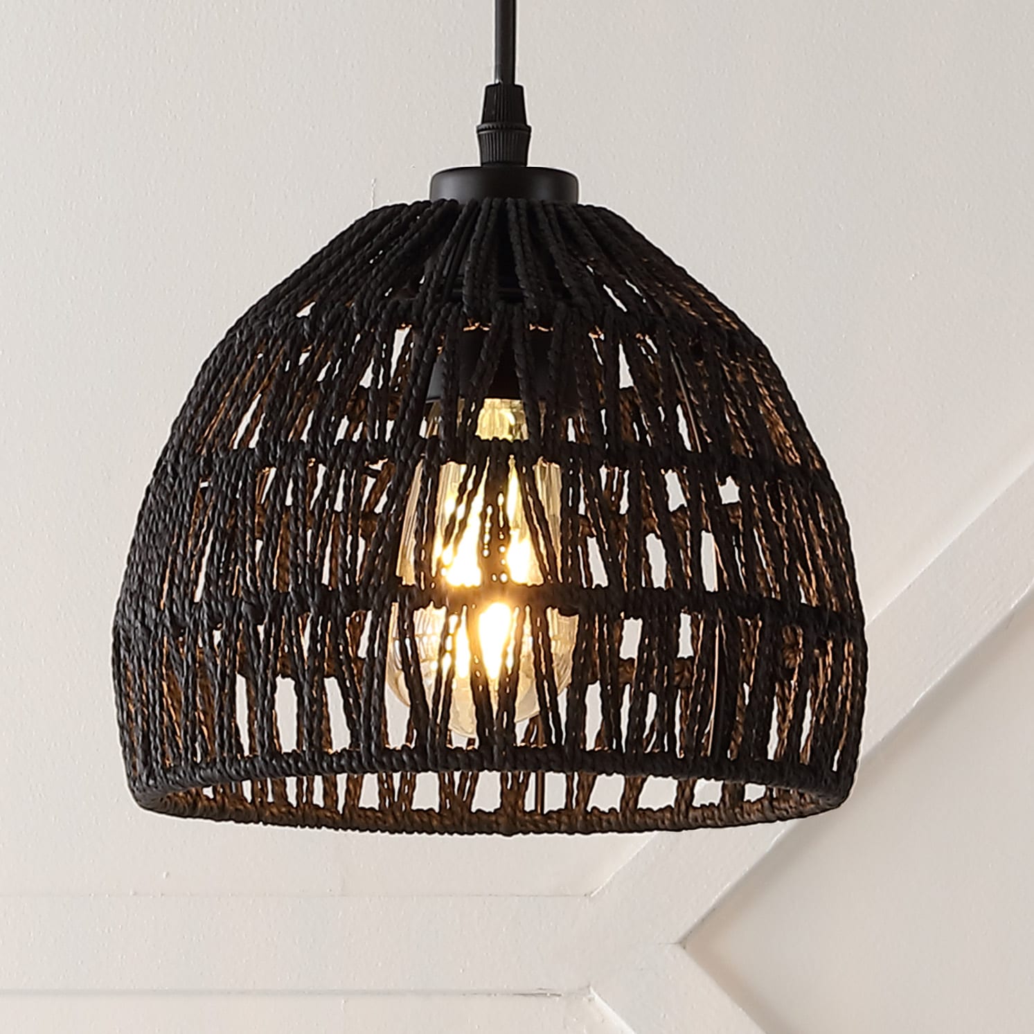 JONATHAN  Y JYL6512B Campana 8.25" Woven Rope/Iron Bohemian 1 -Light Black Coastal Clear glass Dome Mini Hanging Pendant light