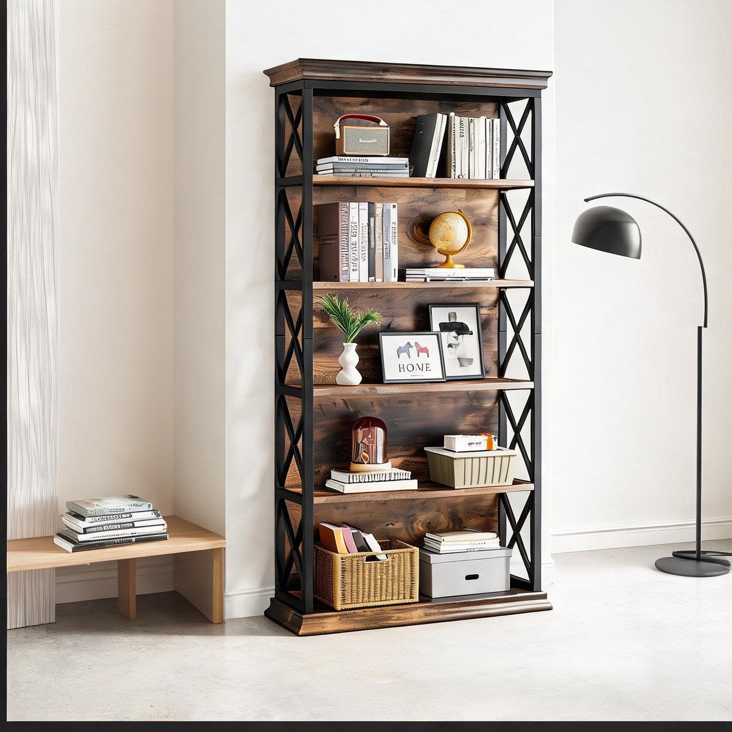 FlowLuxe 6-Tier Metal Wood Bookcase with X Accents Classic Black 70.9 H x 31.5 W