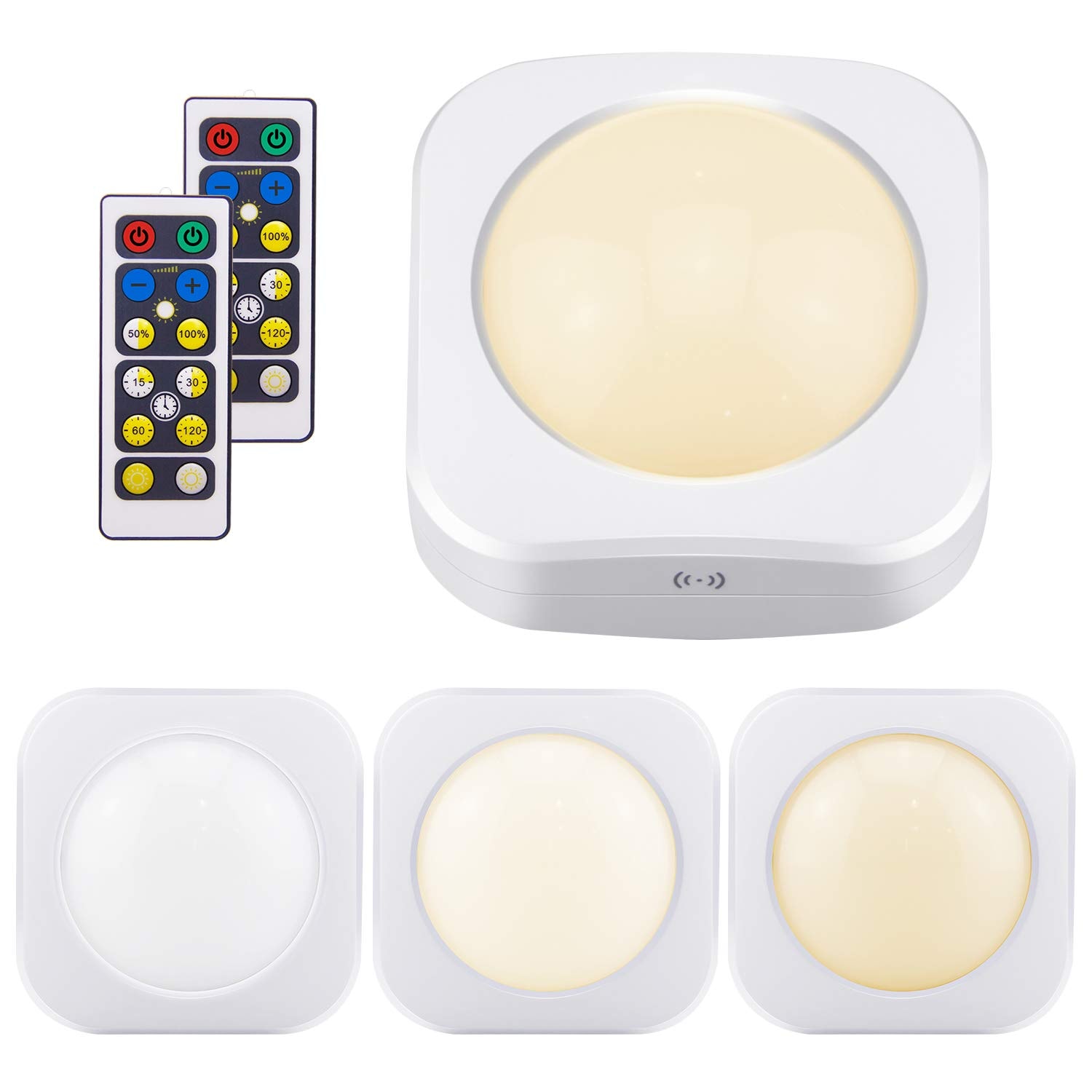 CYIKE  power cell Push Light with Remote Wireless LED Puck Light Dimmable Stick-on Tap Light for Closet Warm Nature White Under Cabinet Lighting