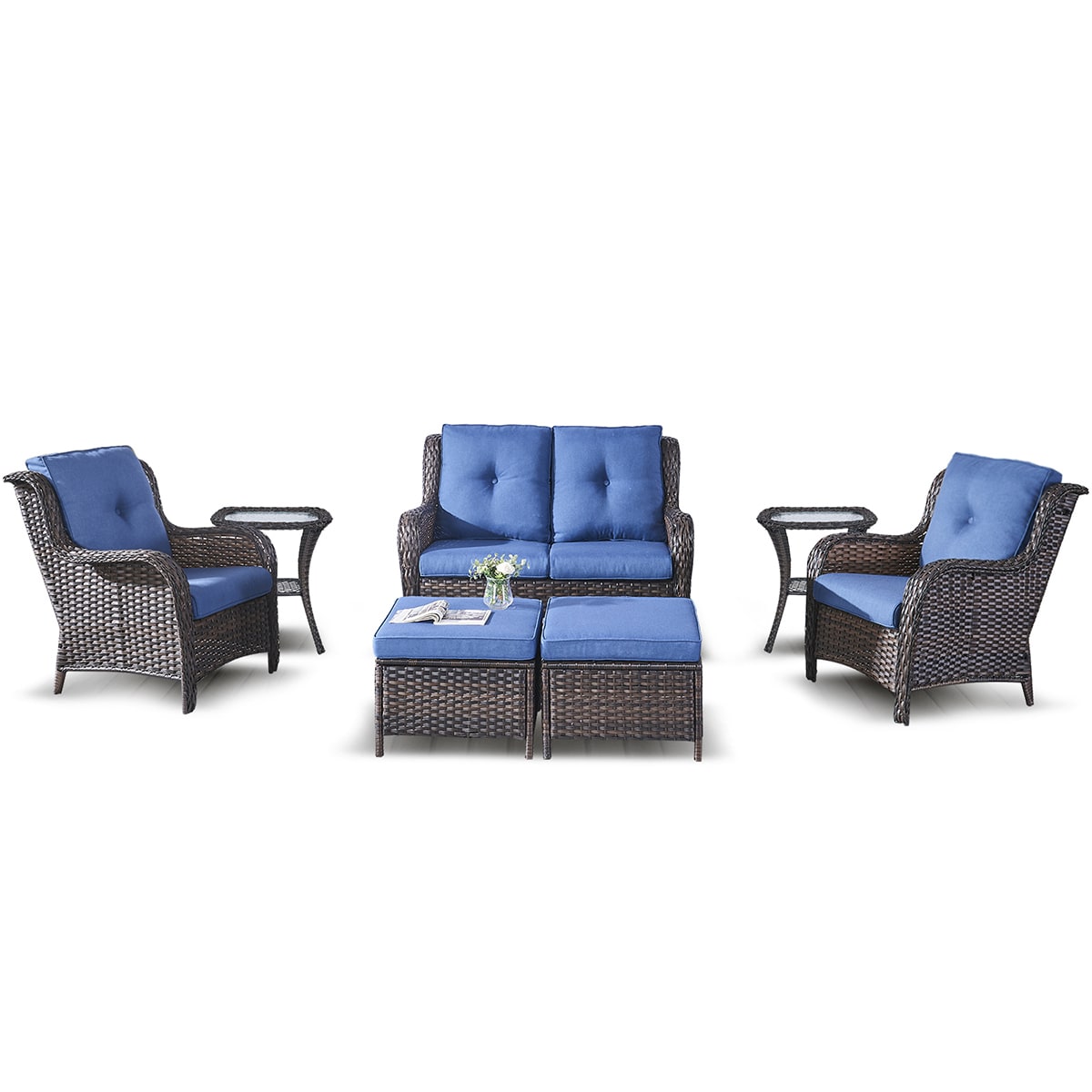 Rilyson FS038025X2006014-1 7 -Piece Wicker Patio Conversation Set with Blue Cushions