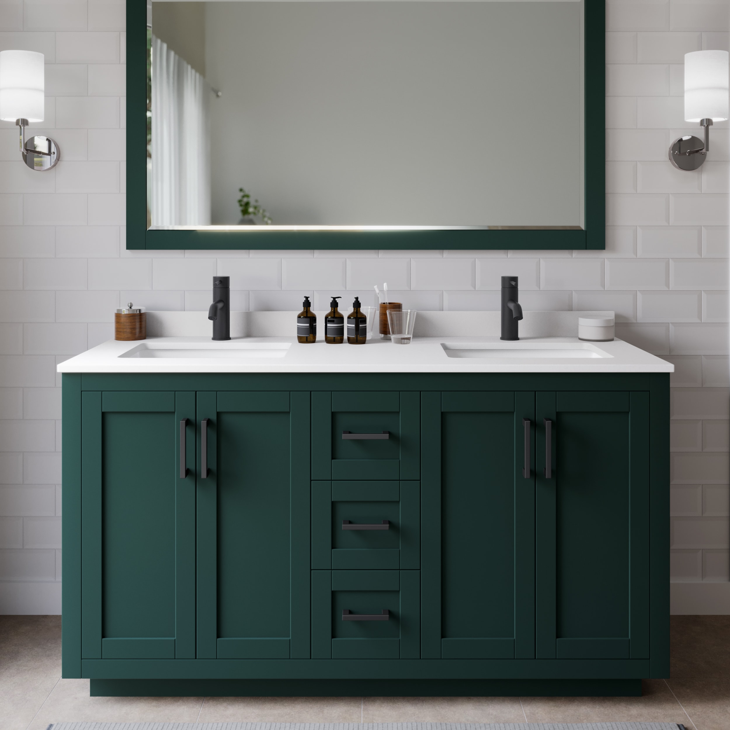 Wyndham Collection WCF292960DGKWCUNSMXX Miranda 60-in Green with Matte Black Trim Undermount Double sink Bathroom Vanity with White Cultured Marble Cultured marble Top