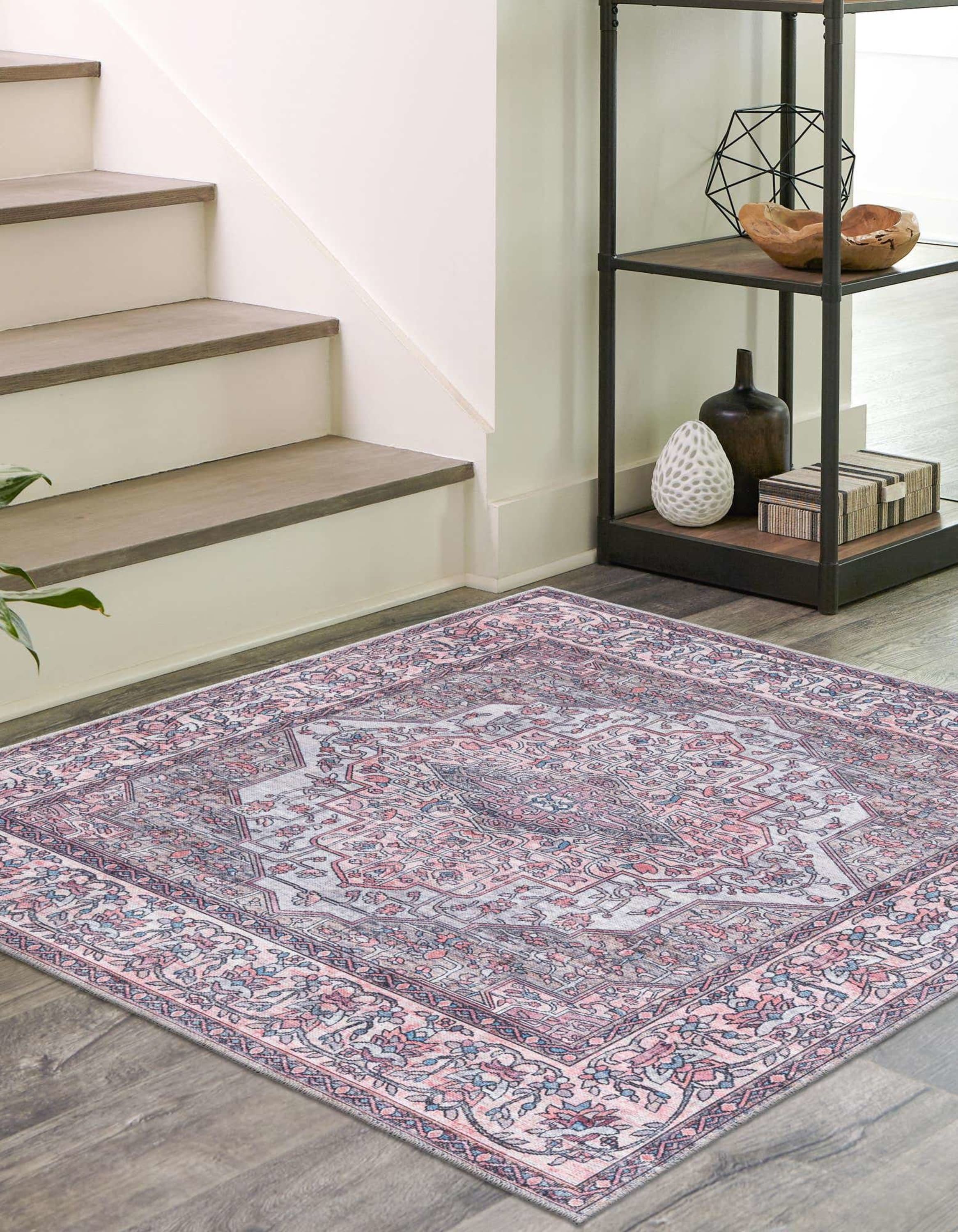 Mangata Mireille Beige and Pink Square Washable Chenille Rug