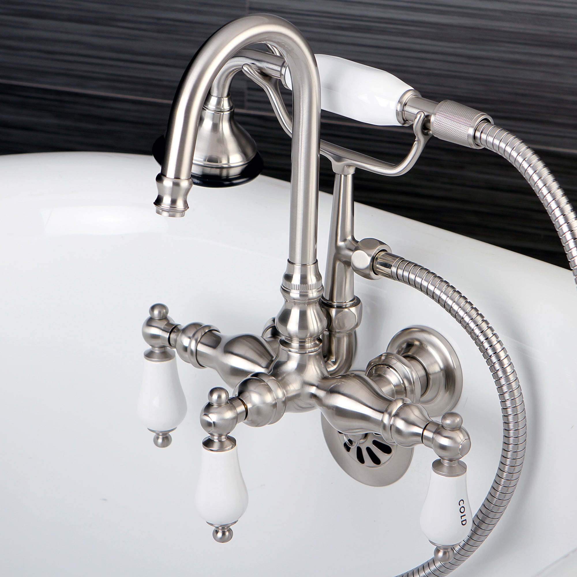 Kingston Brass WLAE9T8 Aqua Vintage Brushed nickel 3-handle Wall-mount High-arc Bathtub Faucet with Hand Shower ( Valve Included )