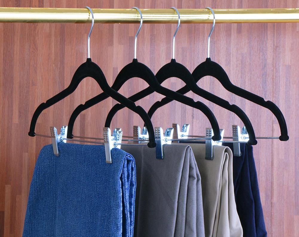 HOUSE DAY Black Velvet Hangers 24 Packs With Clips Ultra Thin Non Slip  Velvet Pants Hangers Space Saving Clothes Hangers For Pant, Jeans