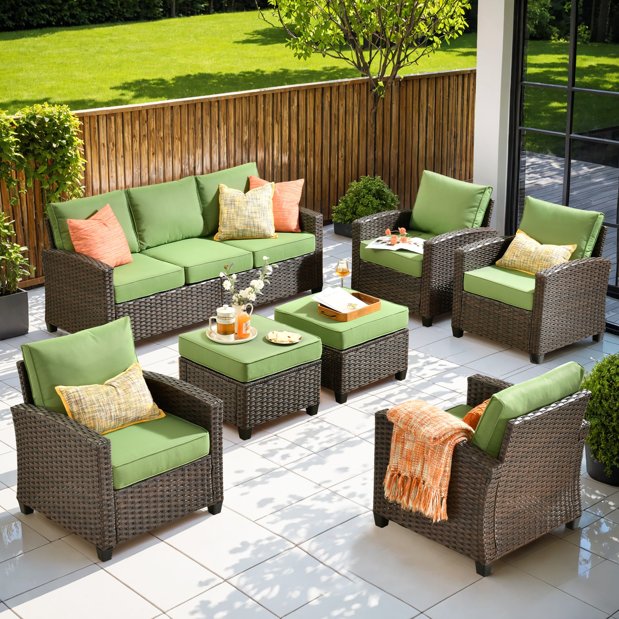 Ovios PR907 7 -Piece Wicker Patio Sofa Conversation Set with Green Cushions