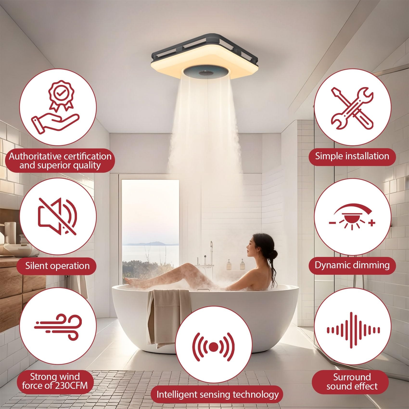 Etokfoks  Bathroom Exhaust Fan 230 CFM 1 0 Sone with Bluetooth Dual Speakers LED Light 3CCT 7 Color Ambient Lighting 4 Inch Duct Ceiling
