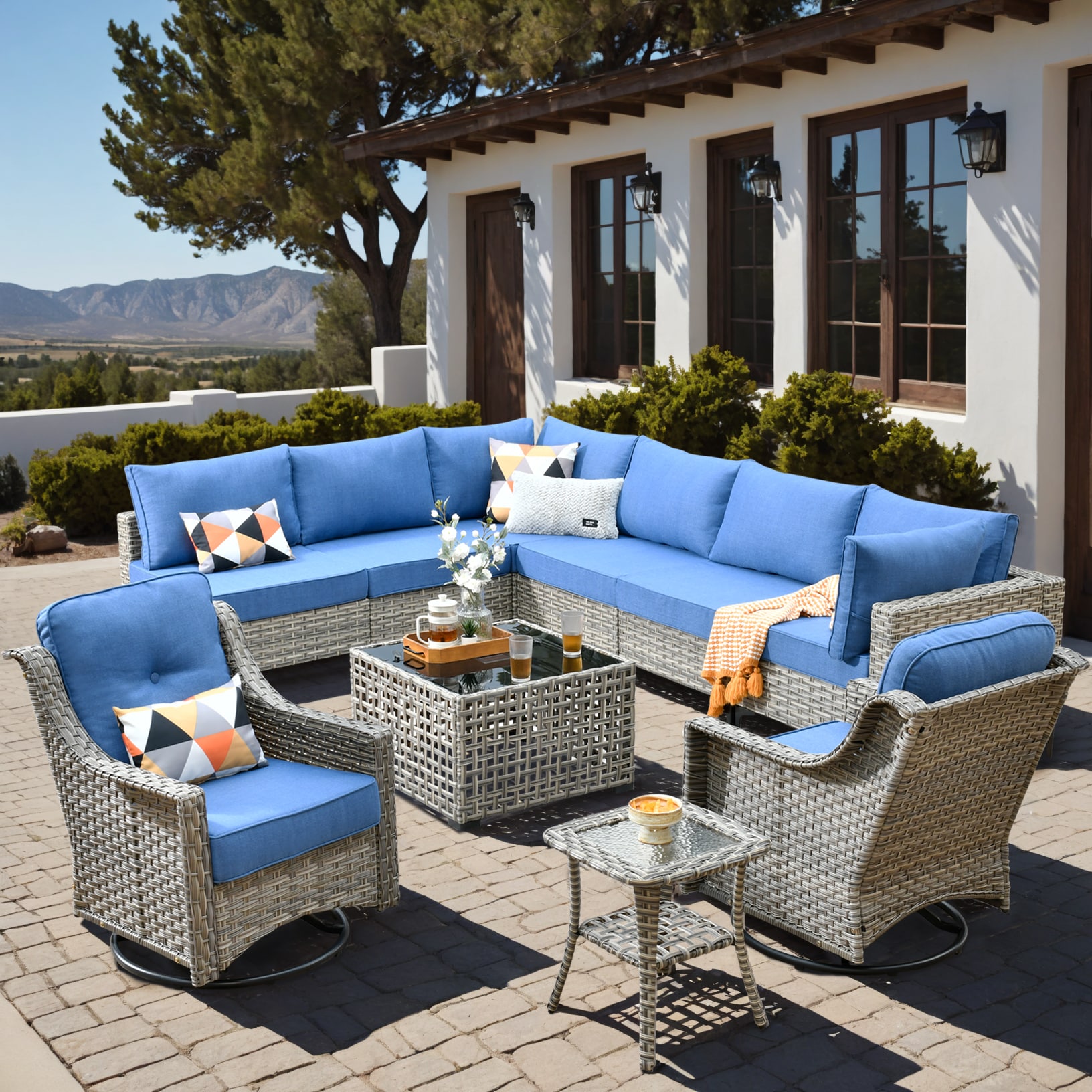 Ovios SK500YP 10 -Piece Wicker Patio Conversation Set with Blue Cushions
