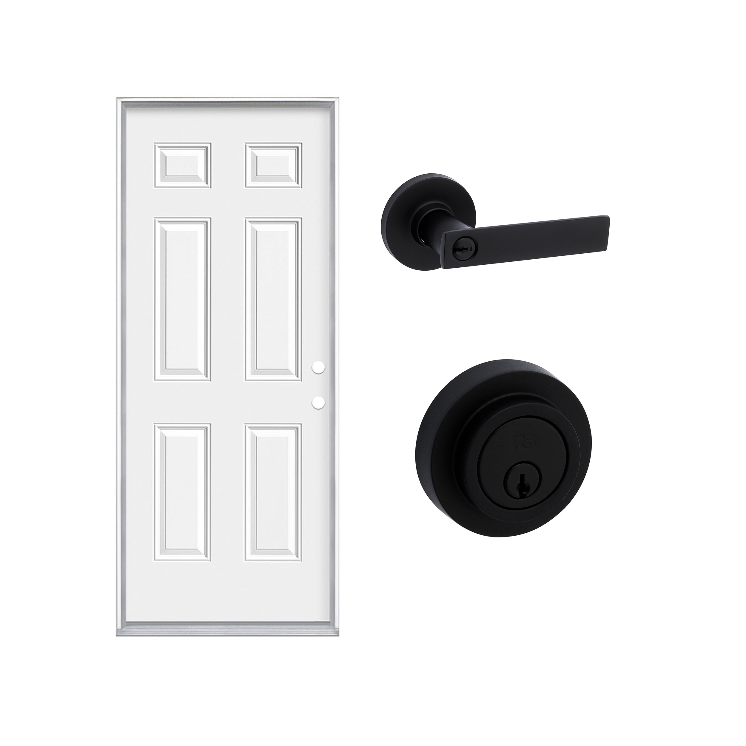 RELIABILT  Steel Left-Hand Inswing Primed Fire Rated Single Front Door with Kinross Keyed Entry Door Handle and Deadbolt Set