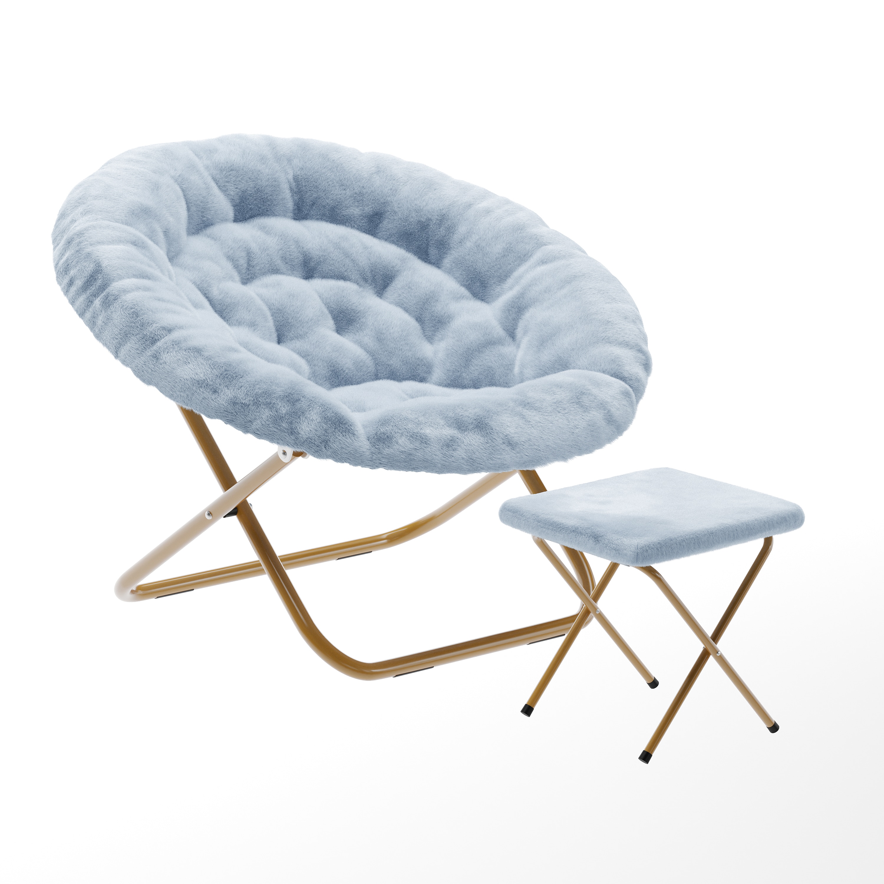 Emma + Oliver 196861150357 Ersa Oversize Faux Fur Folding Saucer Moon Chair with Ottoman for Dorm and Bedroom; Dusty Aqua Faux Fur/Soft Gold Frame