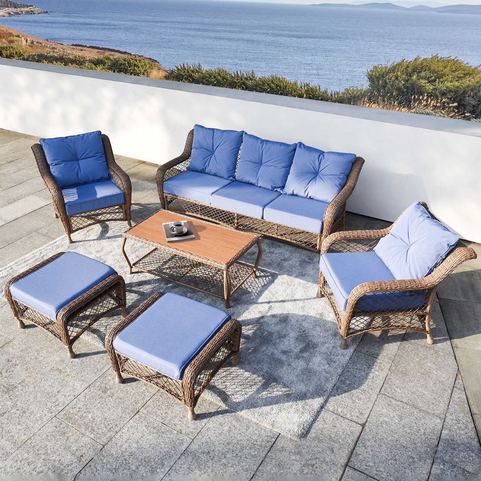 CESICIA 717-Z47 6 -Piece Wicker Patio Sofa Conversation Set with Blue Cushions