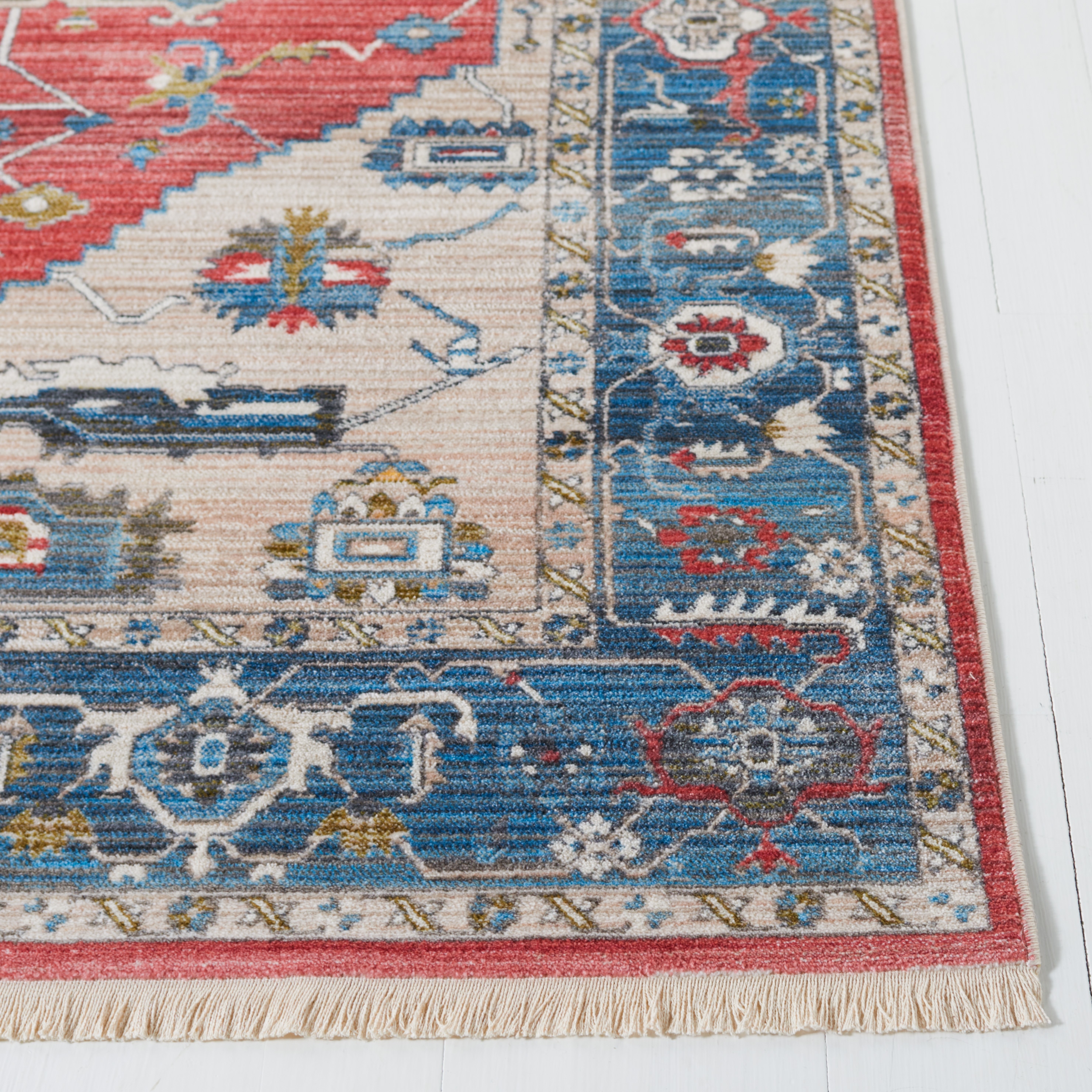 Red and Blue Floral Motif Low Pile Runner Rug