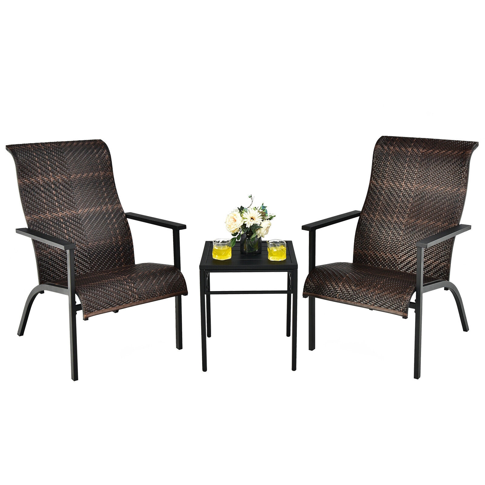 Clihome CWCH-NP10AD513CF Patio Furniture 3 -Piece Dark Rattan Bistro Patio Dining Set Rattan Square Table with 2 Brown Stationary Chairs