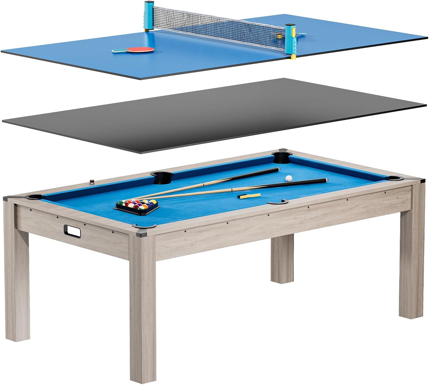 IdealHouse 7FT 3 in 1 Pool Table with Dining Table Tennis Top Multi Game Table with Accessories Balls Cues Ping Pong Convertible Billiards and Table Tennis HDF Wood Grain Finish Chrome Accents Blue