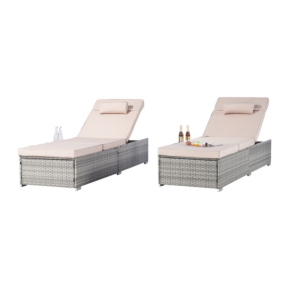 EXTRAUP YHLW874P146993 Patio Chair Set of 2 Wicker Gray Wicker Frame Stationary Chaise Lounge Chair with Beige Solid Seat